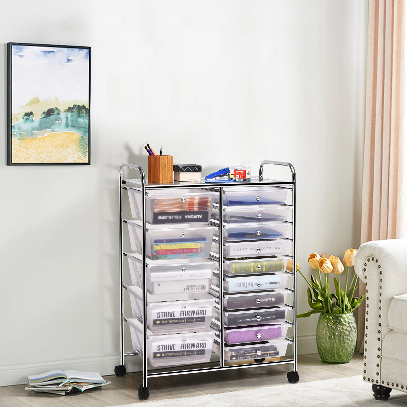 HAPPYGRILL 15-Drawer Rolling Storage Cart with Wheels - Organizer for Tools, Office, School & Craft Supplies - Portable Utility Cart for Home, Office & Classroom Organization