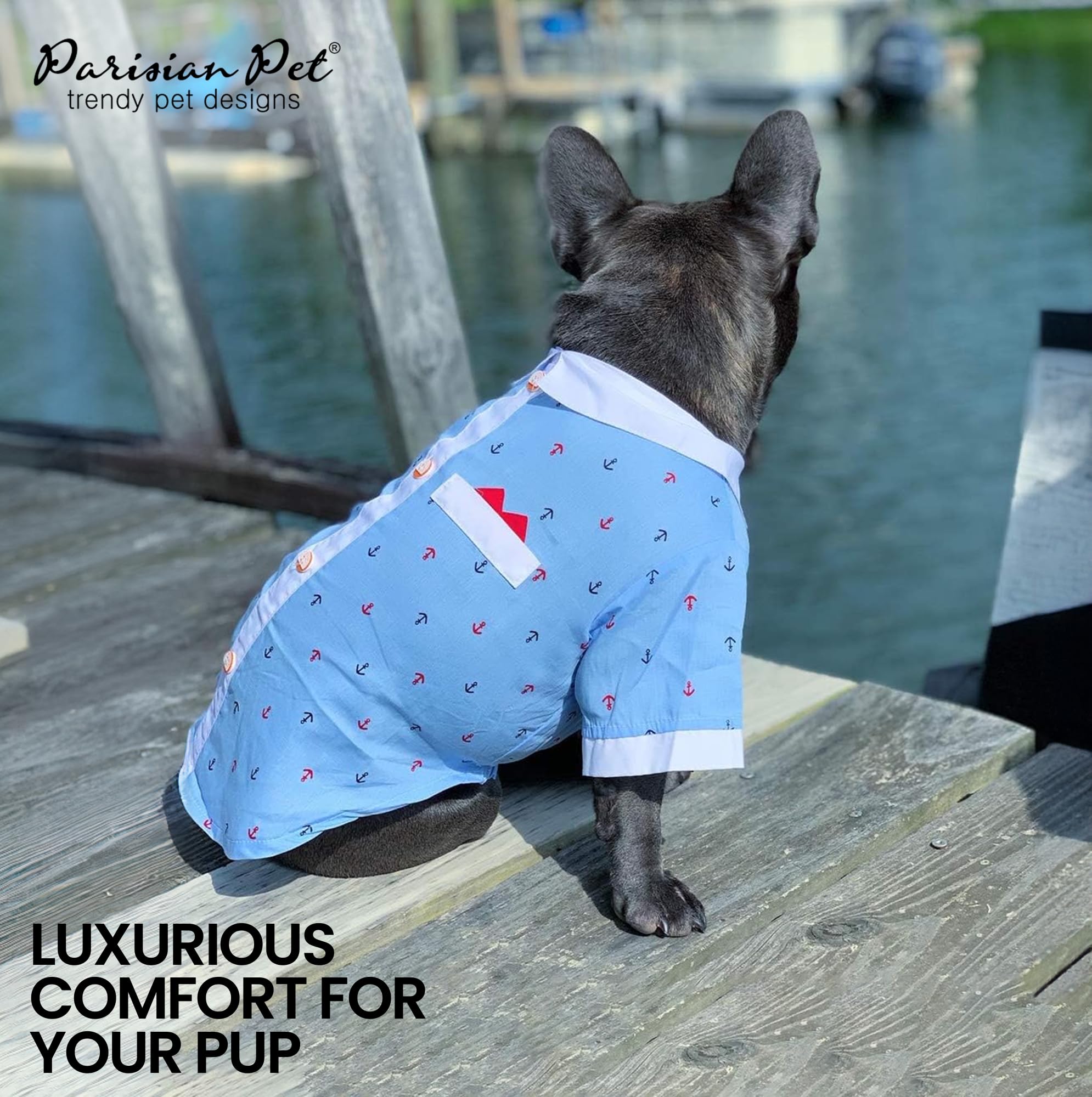 Parisian Pet Dog Shirt - 100% Cotton Nautical Costume with Anchor Design - Blue & White Sleeved Dog Clothes for Medium Dogs - Perfect for Beach Outings, Boat Trips & Themed Parties