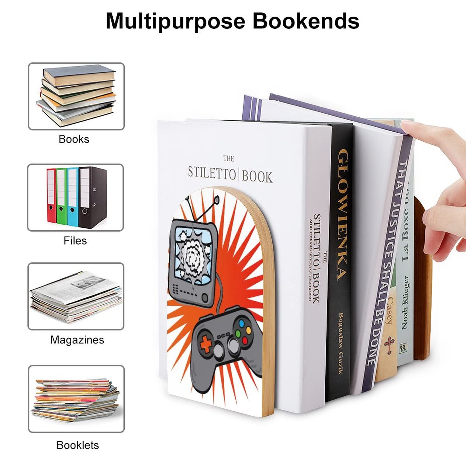 2 PCS Wooden Bookends - Video Game Design, Non-Slip Book Shelf Holder for Home Office Library Study Decor | Perfect for Organizing Books, Games & Collectibles on Shelves