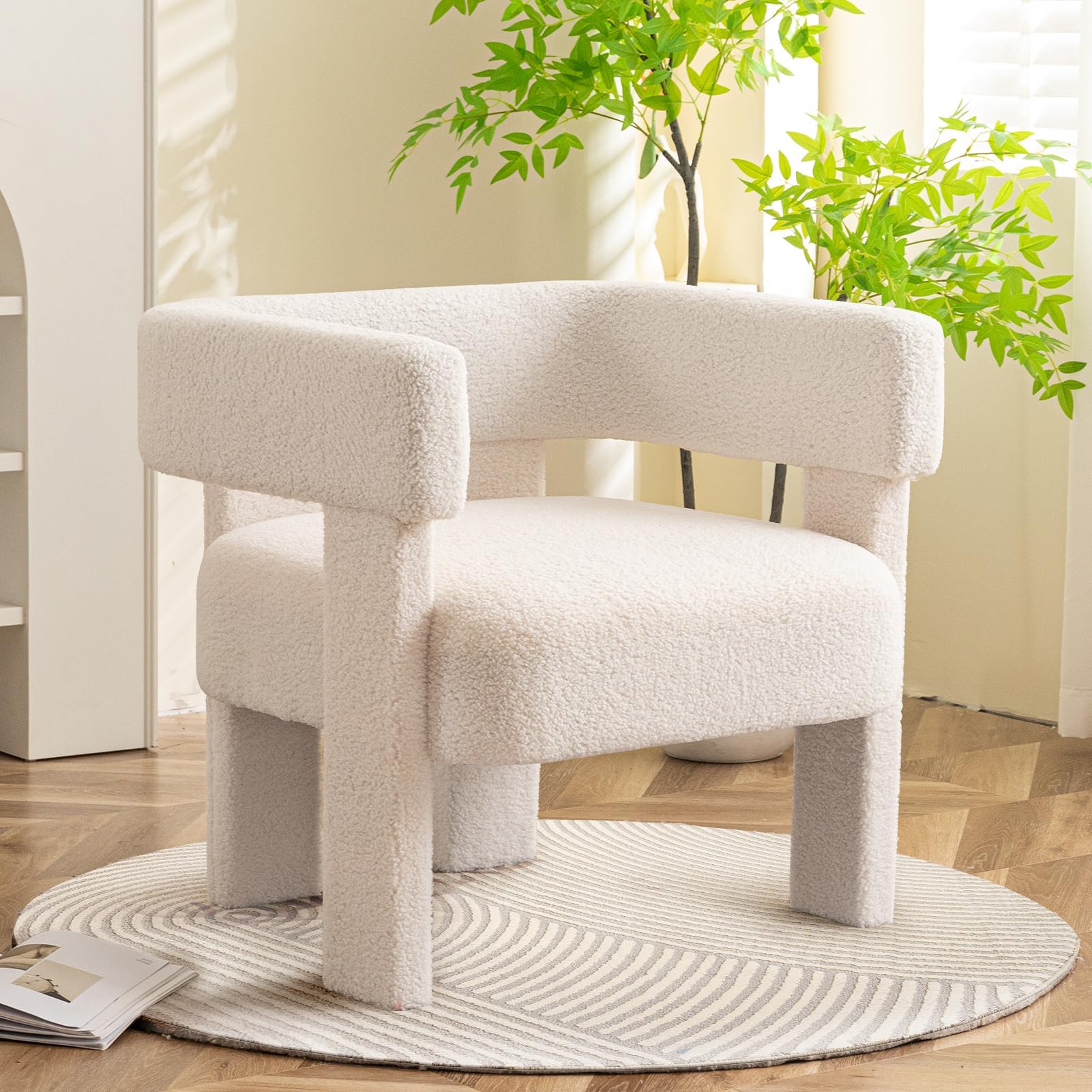 Sherpa Accent Chair - Modern Upholstered Boucle Fluffy Teddy Armchair in White - Super Comfy Reading Chair for Living Room, Bedroom & Office - Perfect for Relaxing, Lounging & Home Decor