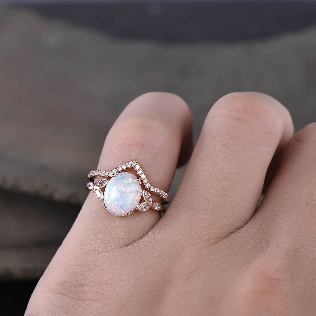 Opal Wedding Ring Set - White Fire Opal Floral Engagement Ring & Rose Gold Plated Curve Wedding Band - Unique Silver Bridal Jewelry for Women - Perfect for Proposals, Anniversaries & Romantic Occasions