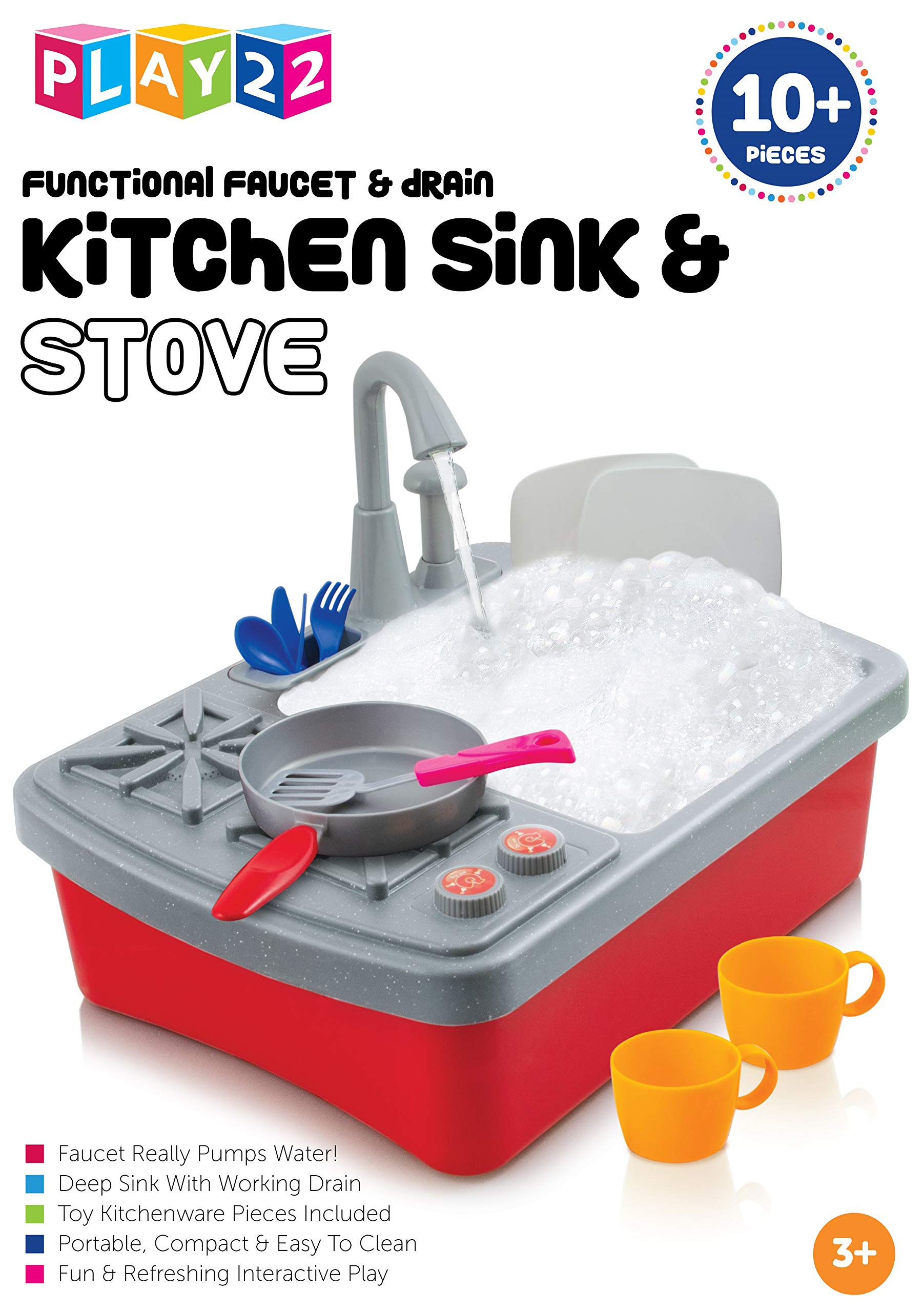 Play22 17-Piece Kids Play Kitchen Sink Set with Running Water - Realistic Toddler Sink Toy with Faucet, Drain, Dishes & Utensils - Includes Play Stove & Pan - Pretend Play Kitchen Toys for Boys & Girls Ages 3+ - Perfect for Imaginative Play, Role-Playing & Early Childhood Development