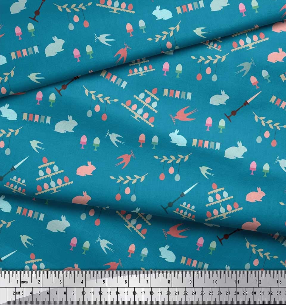 Soimoi Cotton Jersey Fabric - Easter Celebration Flag with Rabbit & Egg Print - 58 Inch Wide Decorative Fabric for DIY Crafts, Party Decorations, and Home Sewing Projects