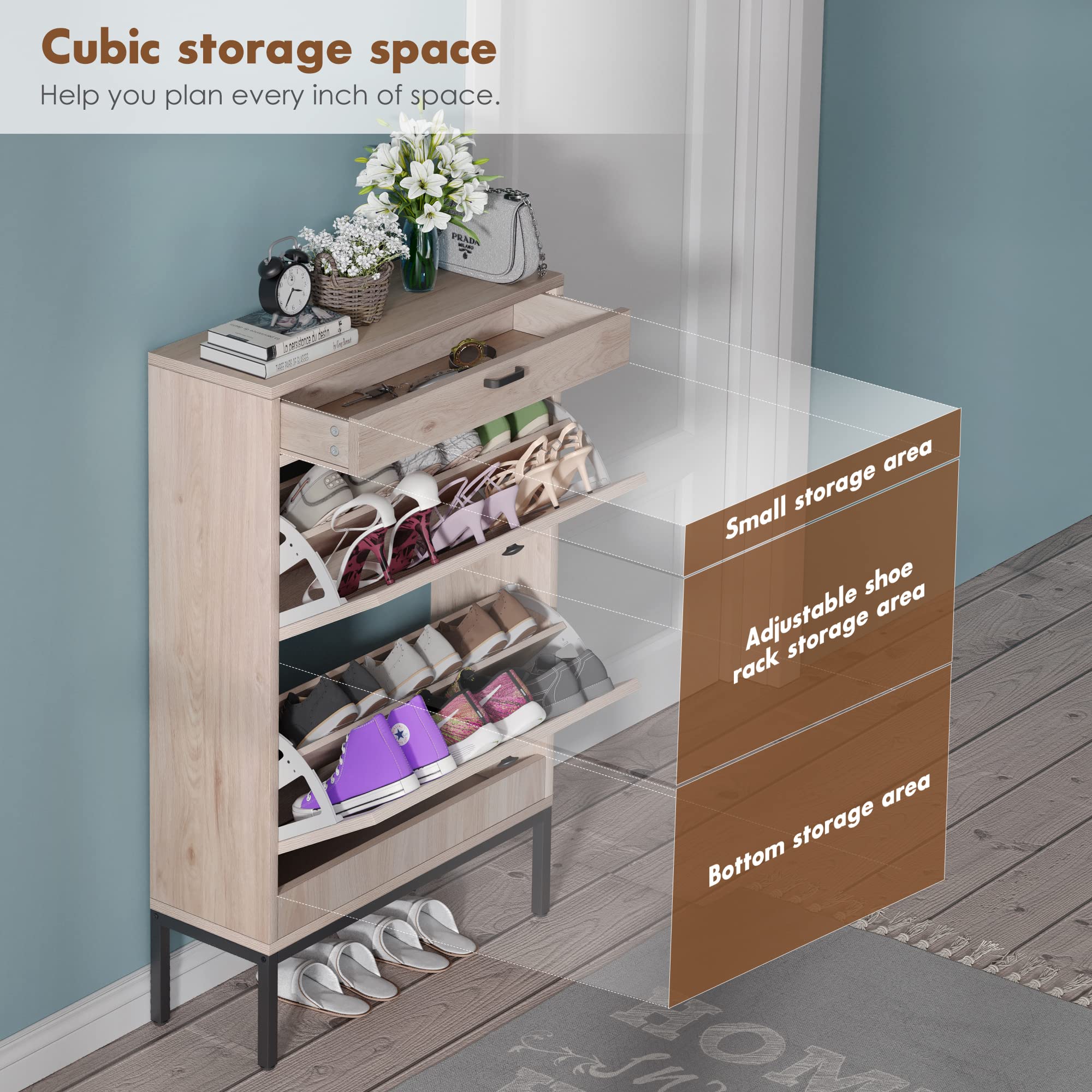 Brafab 2-Tier Shoe Storage Cabinet with Flip Drawers & Small Drawer - Slim Entryway Shoe Organizer with Woven Rattan Doors for Sneakers, Boots & Sandals - Perfect for Hallway, Closet & Bedroom Organization