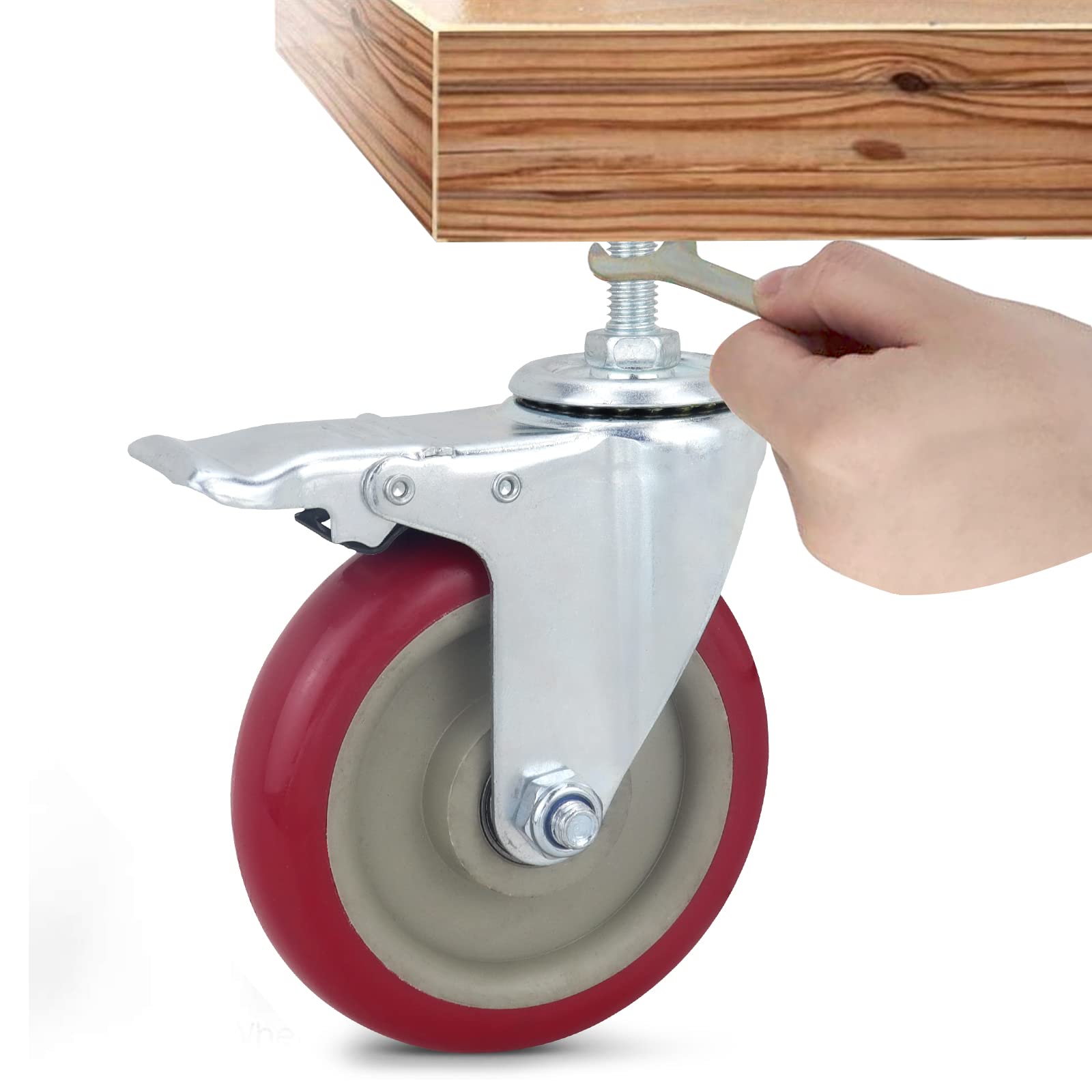 Heavy Duty Stem Casters with Brake - 5 Inch PU Noiseless Swivel Wheels Set of 4 (M12x30mm with Nut & Wrench Included) - Perfect for Industrial Carts, Workbenches, and Moving Equipment