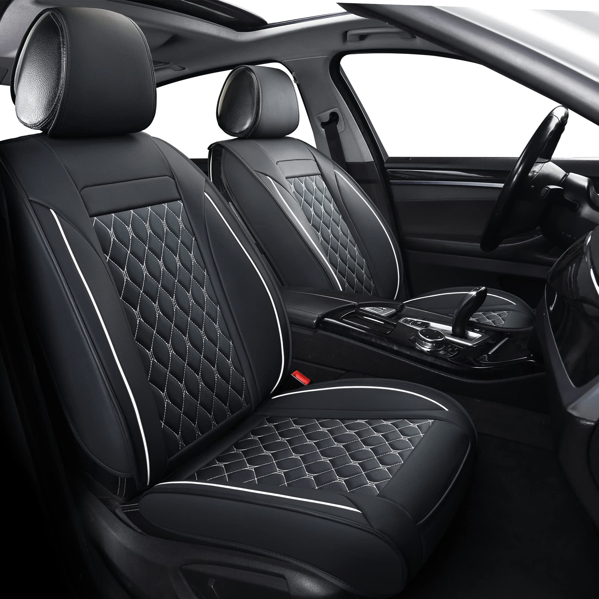 Universal Car Seat Covers Full Set - Faux Leather Auto Cushion for Most Cars, SUVs, Sedans & Trucks (5-Passenger, Black/White) - Perfect for Road Trips, Daily Commutes & Vehicle Protection