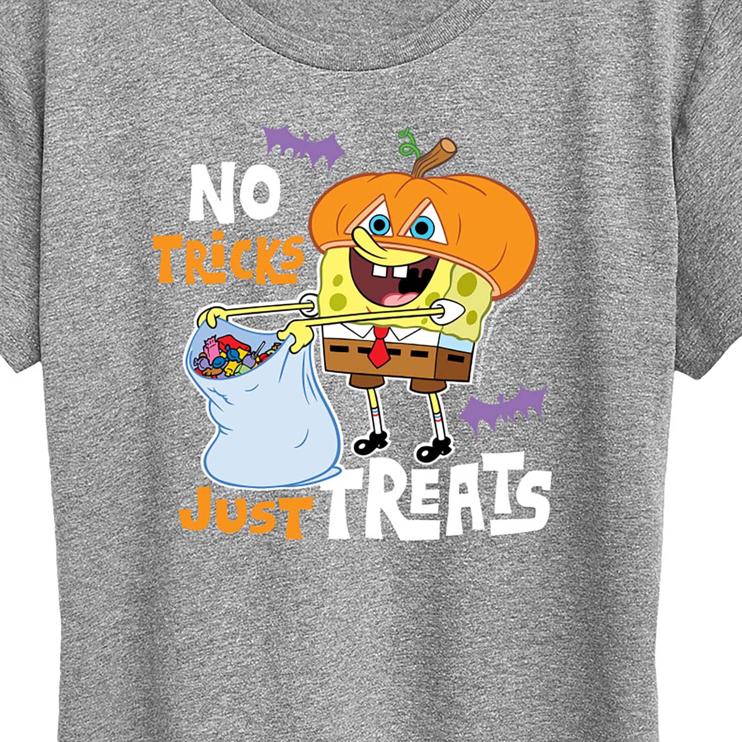 Spongebob Squarepants No Tricks Just Treats Women's Graphic T-Shirt | Funny Cartoon Short Sleeve Tee for Halloween, Cosplay & Casual Wear