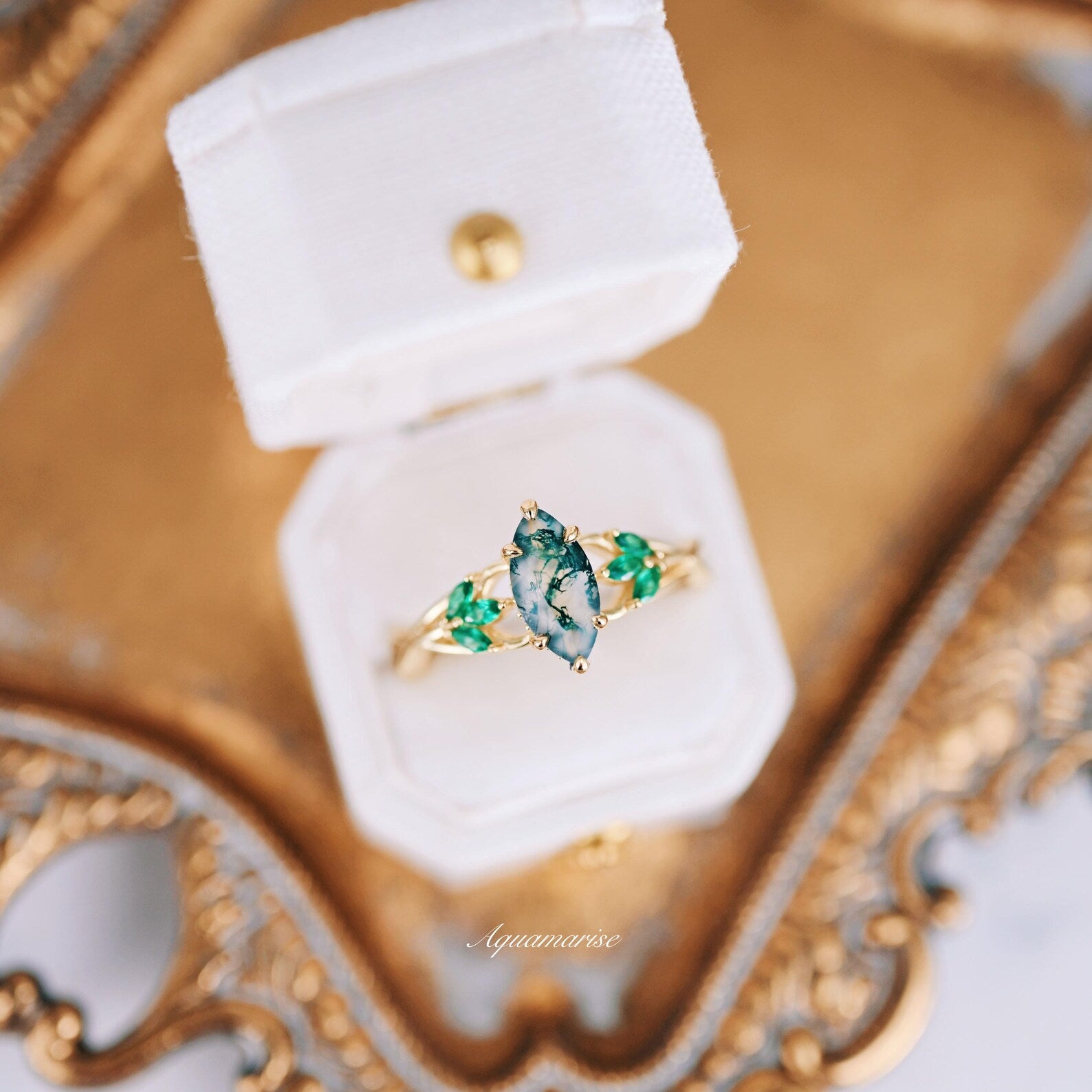 14K Solid Yellow Gold Moss Agate & Emerald Celtic Knot Ring - Elegant Irish Jewelry for Women, Perfect for Weddings, Anniversaries & Special Occasions