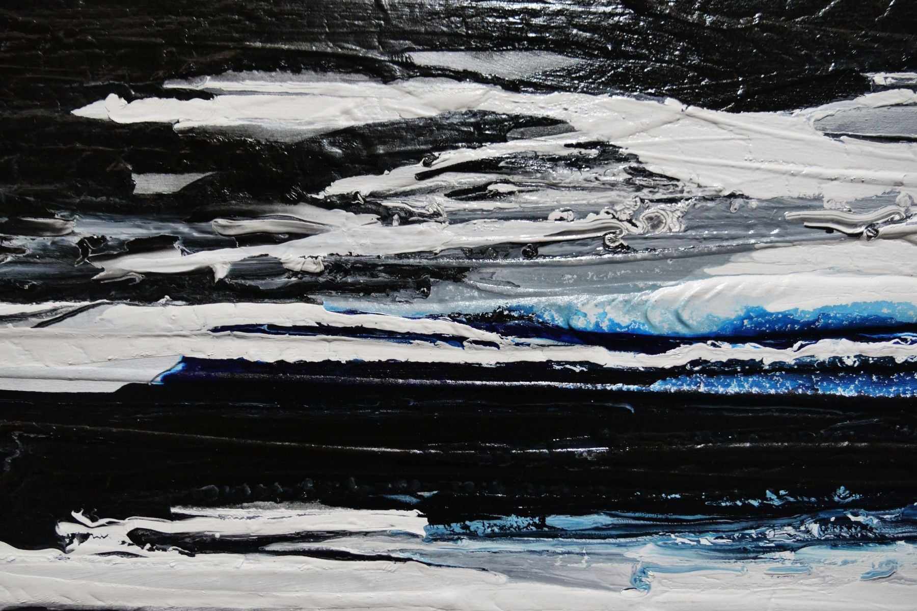Arctic Prush 200cm x 80cm Black White Blue Textured Abstract Canvas Art - Modern Wall Decor for Living Room, Bedroom & Office