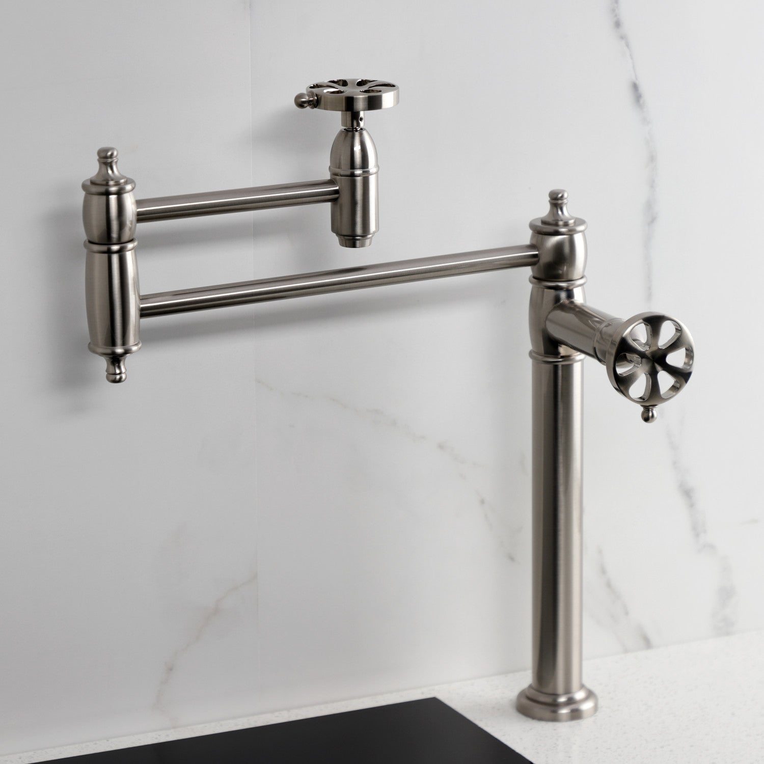 Belknap KS3708RX Brushed Nickel Two Handle Deck Mount Pot Filler Faucet - Ideal for Kitchen Sink, Stove, and Cooking Area
