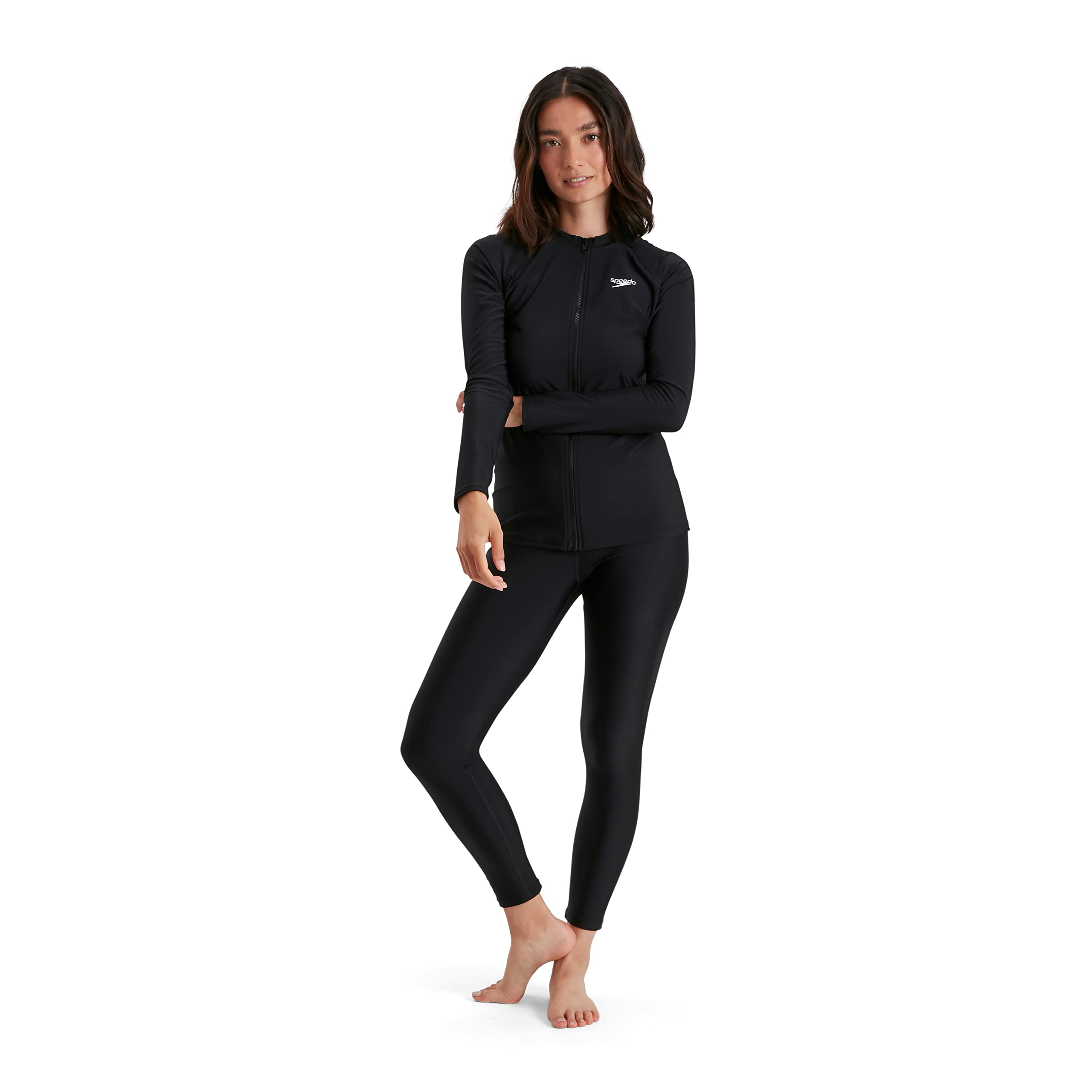 Speedo Women's UV Protection Full Zip Long Sleeve Rash Guard Shirt - Sun Protective Swim Top for Surfing, Swimming & Outdoor Water Sports (Pack of 1)