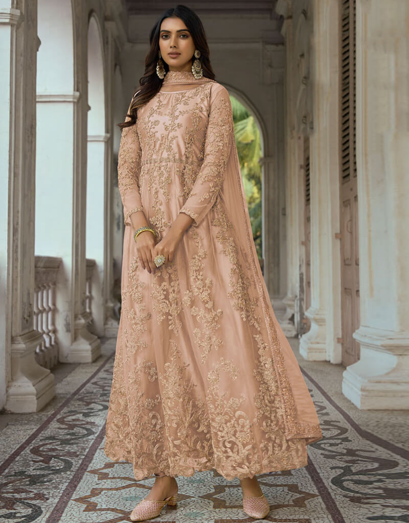 Elegant Beige Heavy Butterfly Net Chudidar Anarkali Dress for Women - Perfect for Weddings, Parties & Festive Occasions
