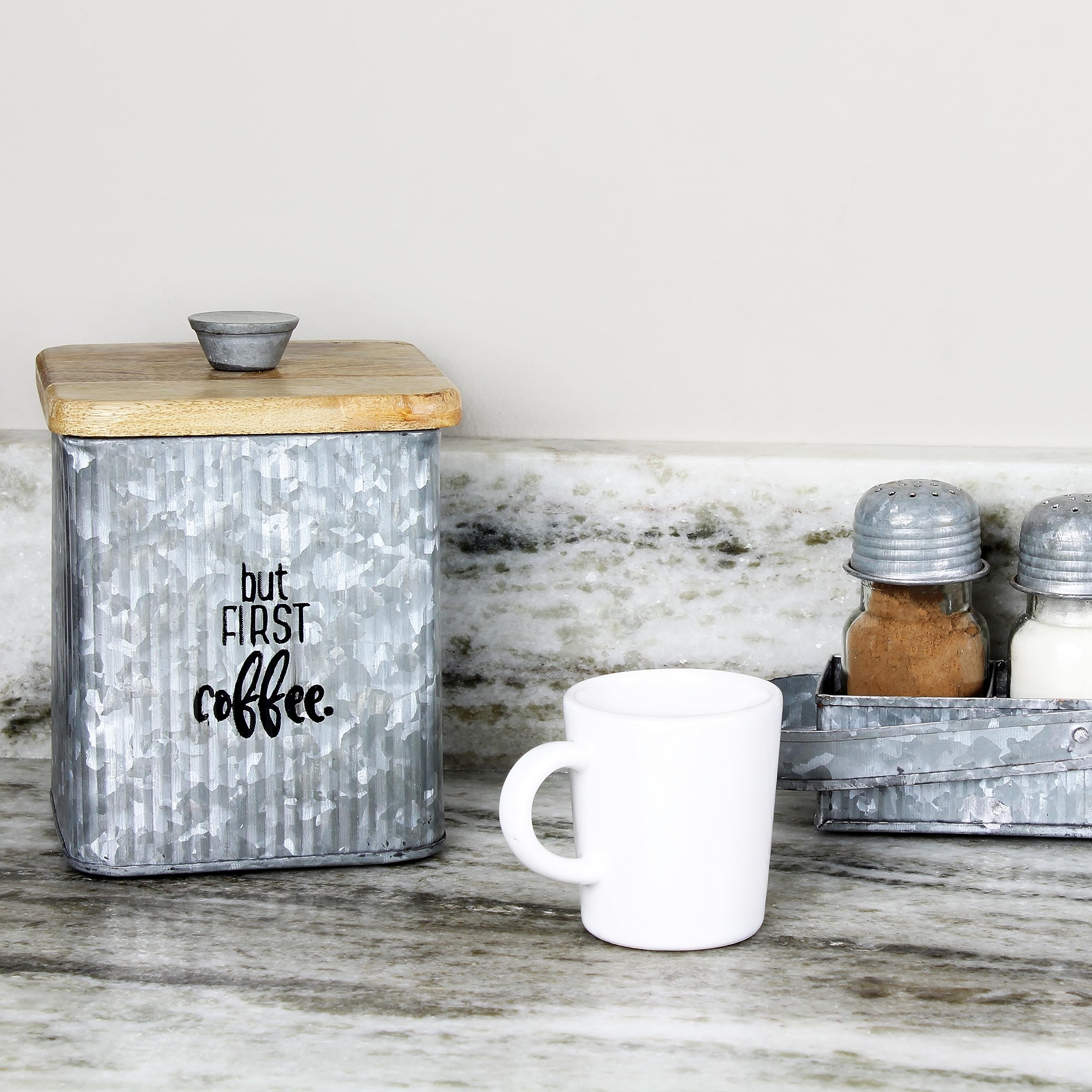 AuldHome 3-Piece Farmhouse Galvanized Canister Set - Rustic Wood & Metal Storage Containers for Coffee, Tea, Sugar - Kitchen Pantry Organization & Countertop Decor