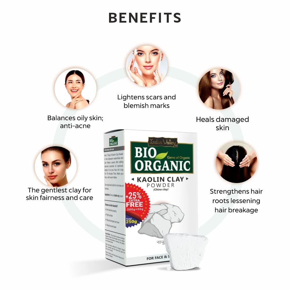 Organic Kaolin Clay Powder for Face & Skin - 250g (200g + 50g Free) | Natural Detox Mask, Acne Treatment & Pore Minimizer | DIY Skincare, Spa & Beauty Routine
