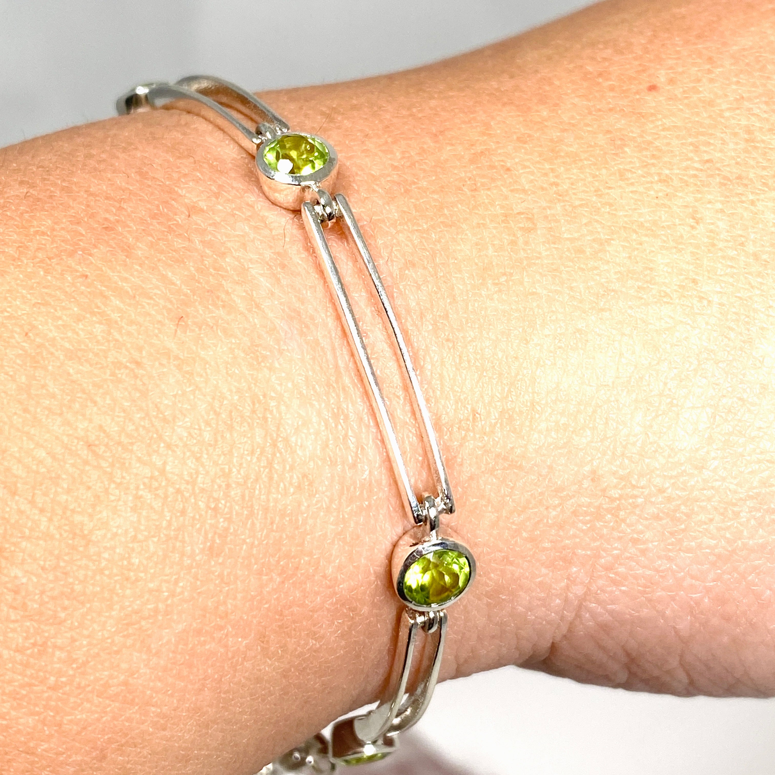 Peridot Round Faceted Gemstone Silver Split Spacer Bracelet for Women - Elegant Jewelry Gift for Birthday, Anniversary & Special Occasions