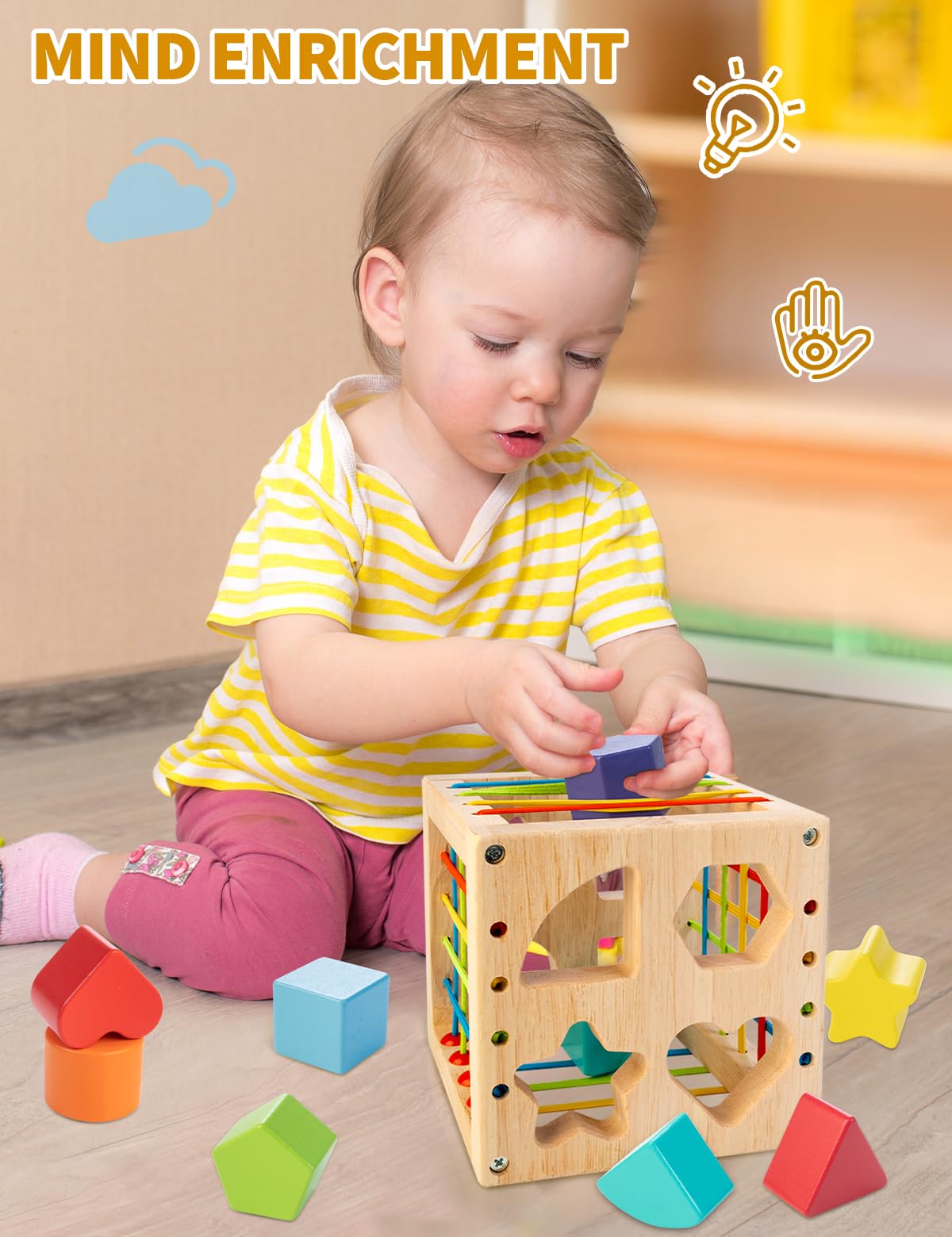 Montessori Wooden Shape Sorter Toy for Toddlers - 8-Piece Rattling Blocks Educational Learning Cube for Baby Boys & Girls | Perfect for Early Childhood Development & Sensory Play