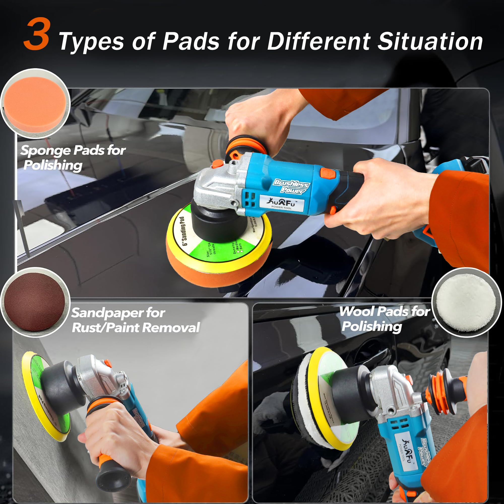 KuAFu 20V Brushless Cordless Car Polisher - 6 Inch Dual Action Buffer with 6 Variable Speeds, Anti-Vibration Handle, 4.0Ah Battery & 4 Pads for Waxing, Polishing & Scratch Removal - Perfect for Car Detailing, RV & Boat Maintenance