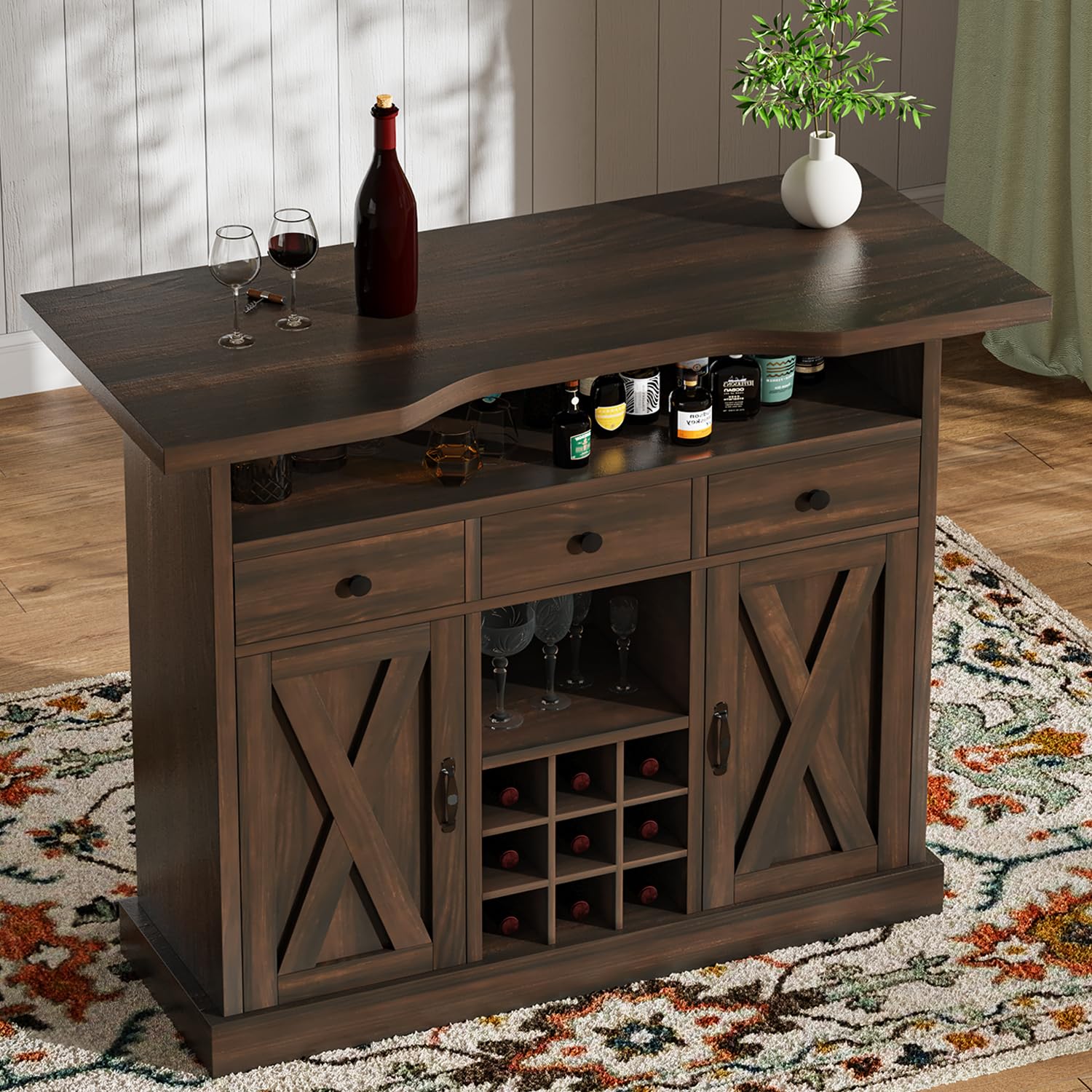4-Tier Farmhouse Home Bar Cabinet with 3 Drawers & 9 Wine Racks - 52 Inch Rustic Liquor Storage Unit with Barn Door & Footrest - Dark Oak Wood Bar Furniture for Living Room, Dining Room & Home Entertainment Areas