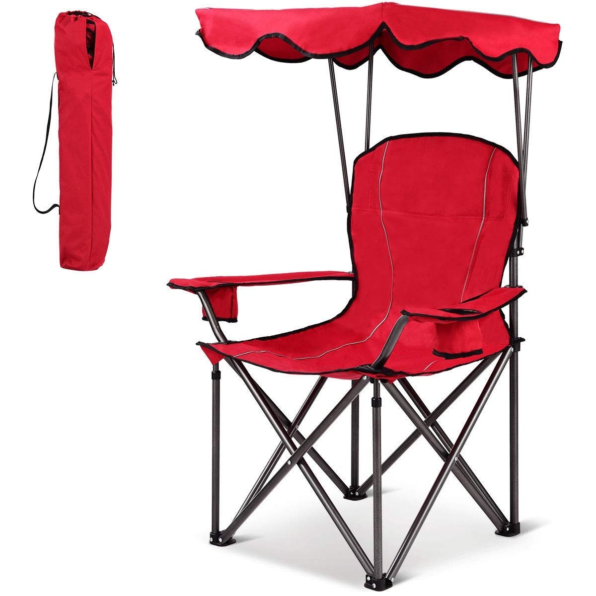 Renetto Portable Folding Beach Canopy Chair with Cup Holders - Best Selling Lounge & Picnic Chair for Outdoor Relaxation (Red) - Perfect for Beach, Camping, Backyard and Poolside Use