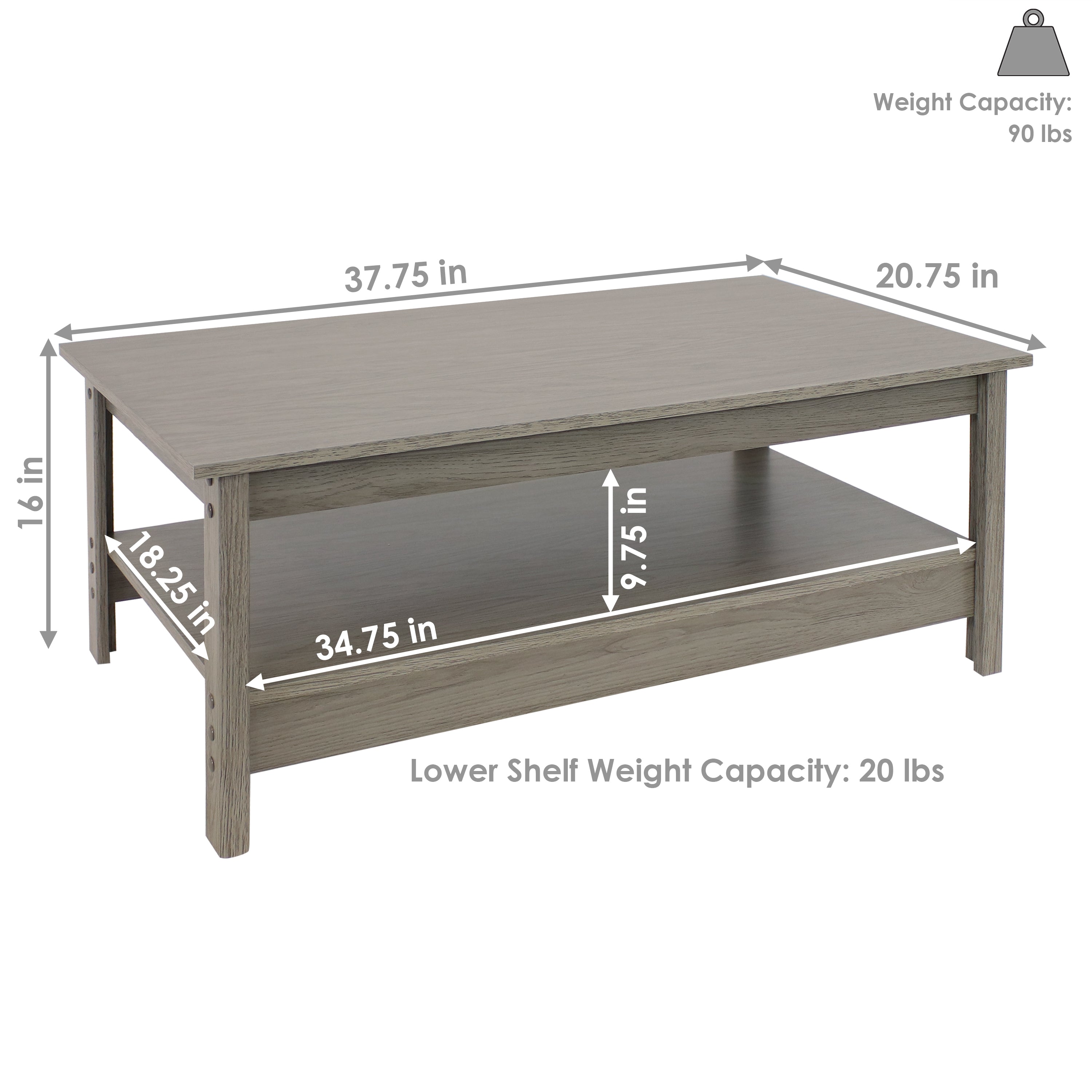 Sunnydaze Classic Coffee Table with Lower Shelf - Thunder Gray - 16