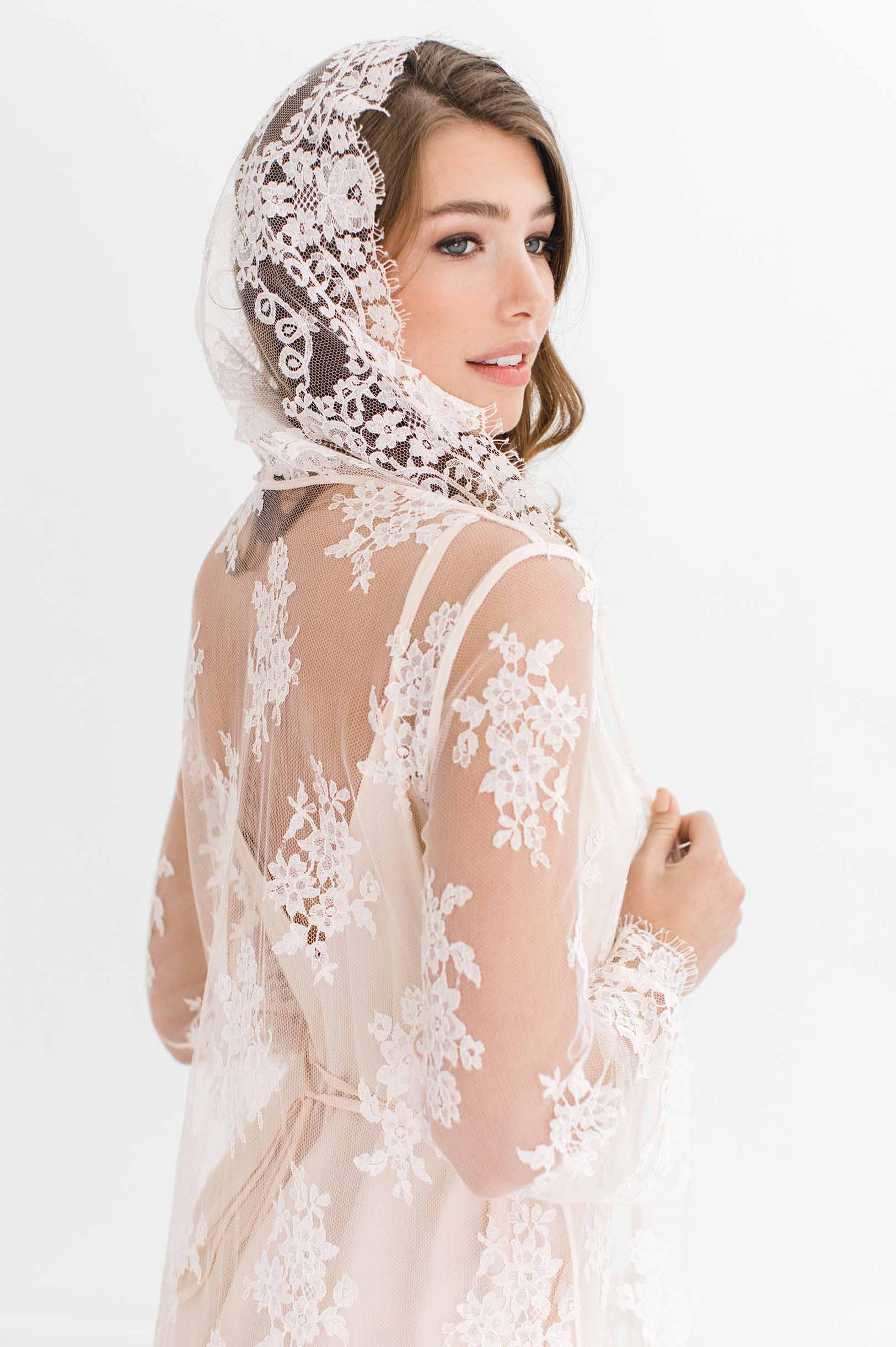 Stella Hooded French Lace Robe in Ivory - Elegant Bridal Lingerie & Boudoir Nightgown for Honeymoon, Wedding Night, and Special Occasions