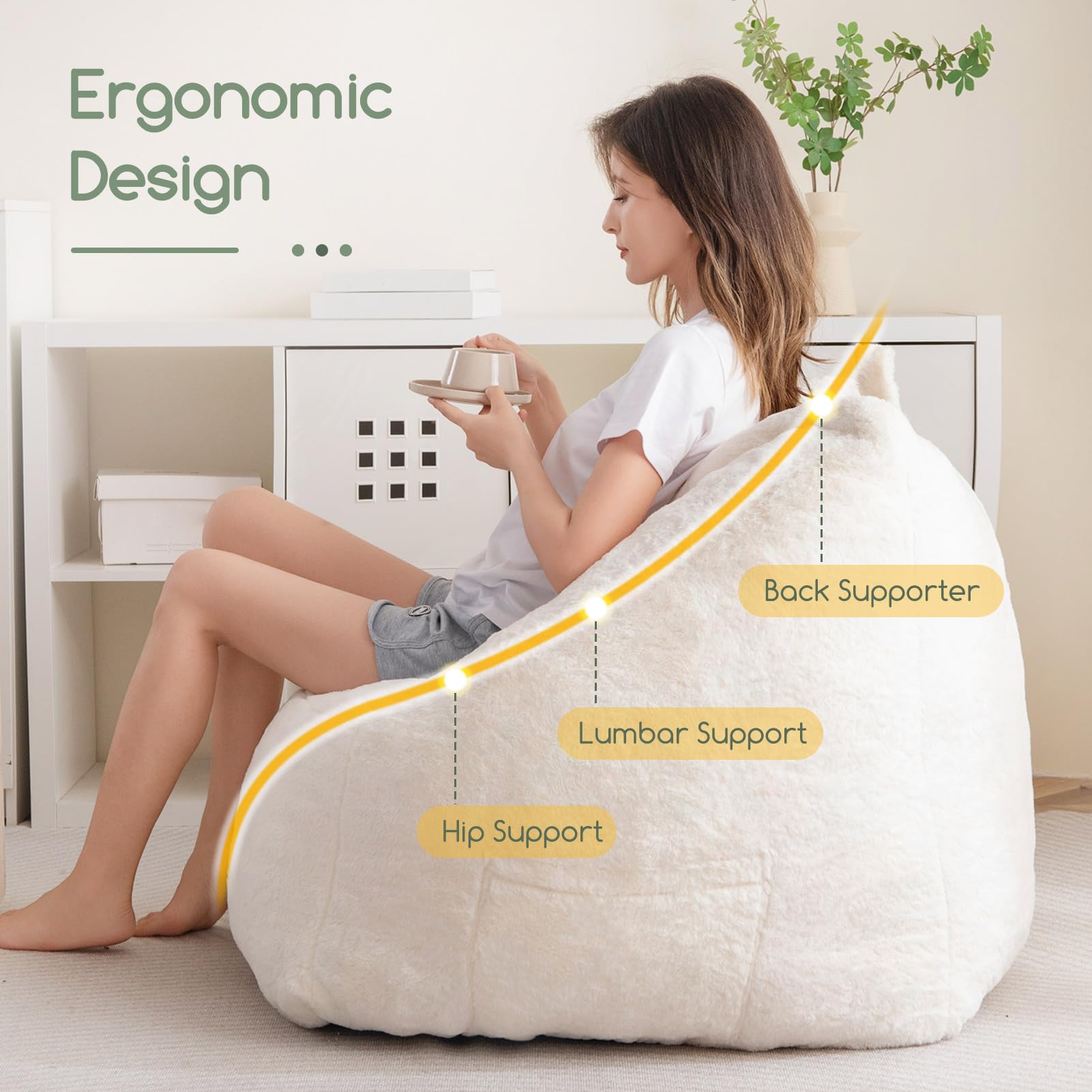 MAXYOYO Bean Bag Chair for Adults, Kids & Teens - Soft Floor Sofa with Handle for Gaming, Reading & Relaxing - Beige - Perfect for Living Room, Bedroom & Game Room