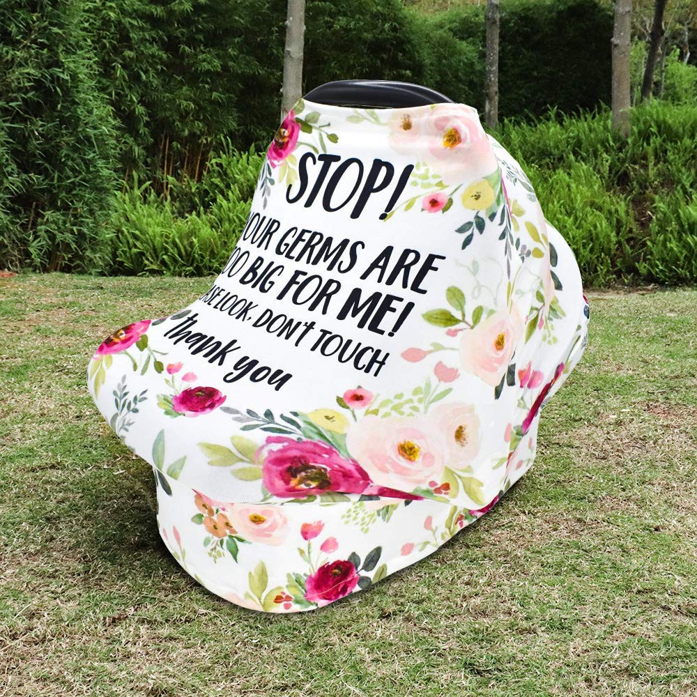 Baby Car Seat Cover & Shoulder Pads Set - Floral No Touching Sign Canopy, Stroller Seat Strap Covers for Newborn Girls & Boys - Nursing Scarf & Kids Seat Belt Protectors for Pushchair - Perfect for Travel, Shopping & Daily Outings
