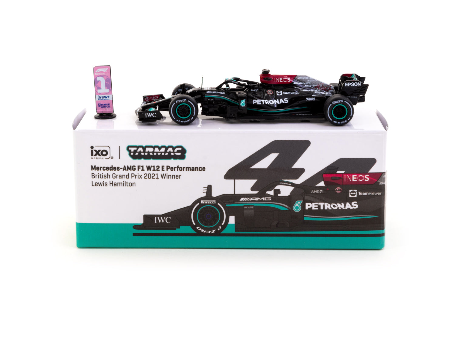 Tarmac Works 1/64 Scale Mercedes AMG F1 W12 E Performance British GP 2021 Winner Lewis Hamilton #44 Diecast Model Car - Collectible Racing Memorabilia for F1 Fans & Display