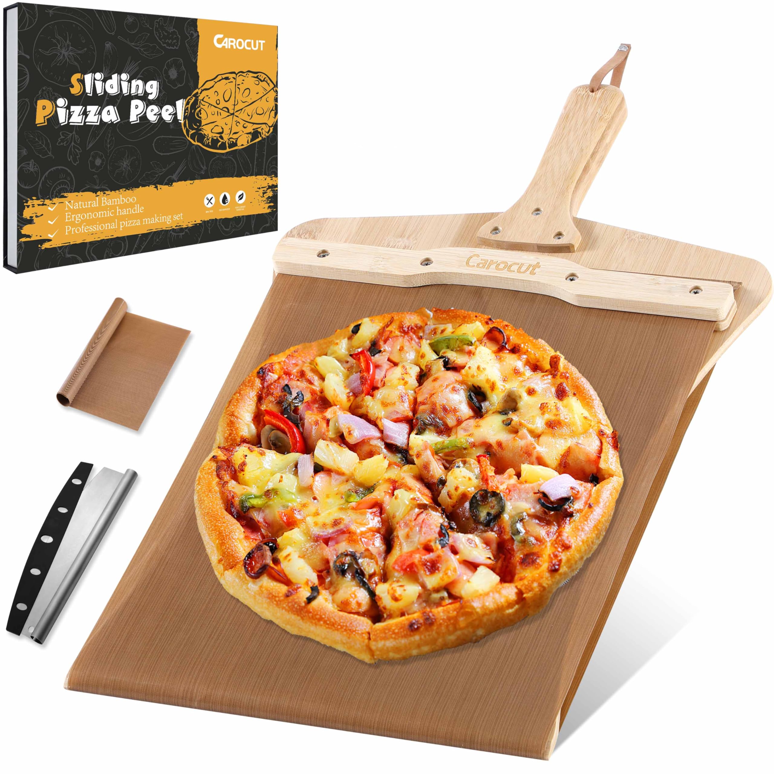 Non-Stick Sliding Pizza Peel with Detachable Bamboo Handle - 22