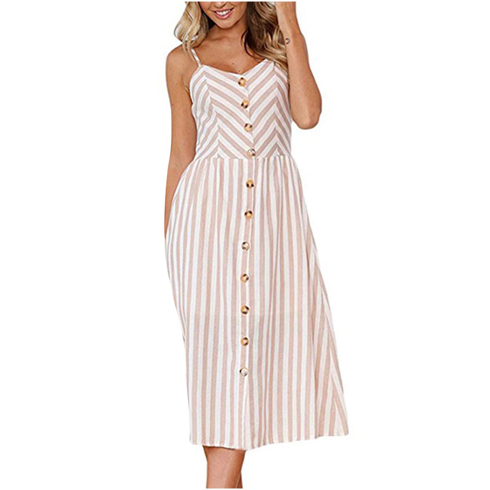 BOXIACEY Women's Summer Dresses - Sexy Striped Button Down Off Shoulder Sleeveless Tank Mini Sundress for Beach, Party & Vacation | Casual Princess Style Dress