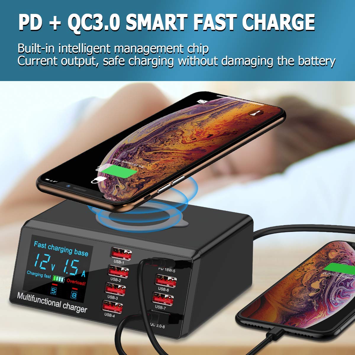 8-Port 100W Fast Charging Station - 7 USB + 1 QC3.0 for Apple & Android Phones - Home & Office Use