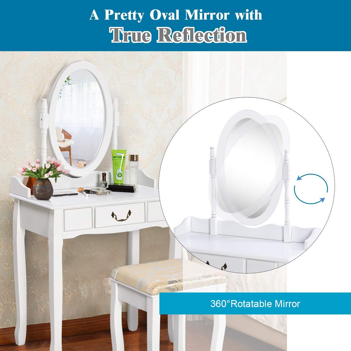 360° Rotating Makeup Vanity Table with Cushioned Stool - Solid Wood & MDF Beauty Dressing Table with Pull-Out Drawer, Bronzed Handles - Perfect for Daily Makeup, Beauty Routine & Bedroom Decor