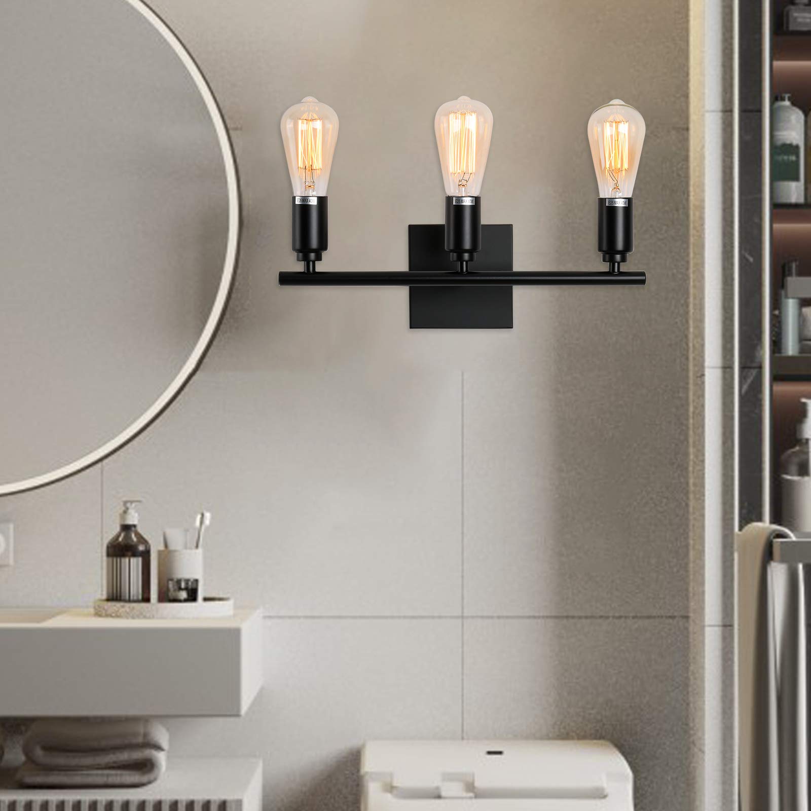 Black 3-Light Wall Sconce Lighting Fixture - Modern Vanity Lights for Bathroom, Hallway, Kitchen, Bedroom & Living Room - Perfect for Ambient Lighting and Home Decor