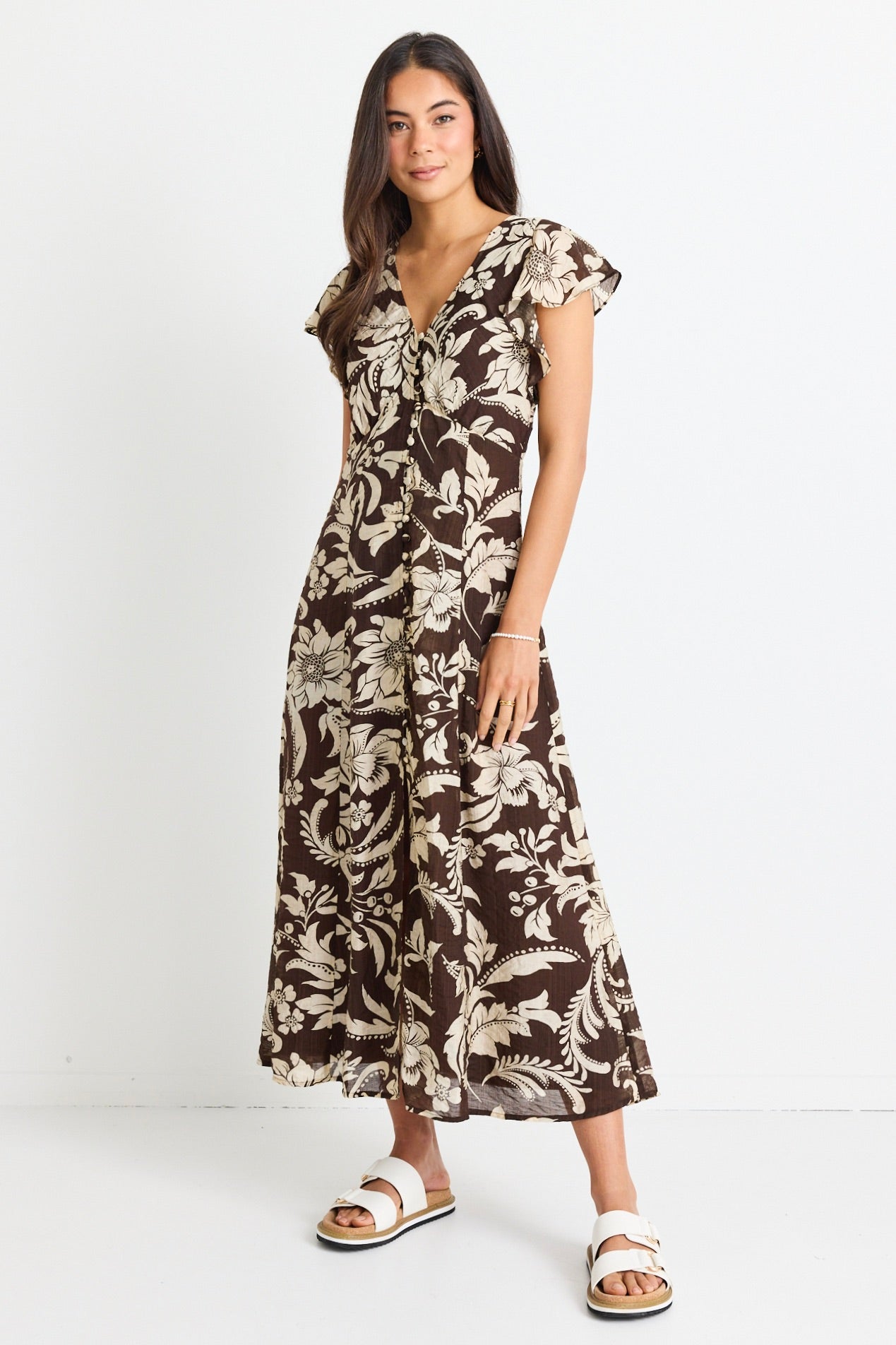 Elegant Floral Print Fluted Sleeve Button Front Midi Dress for Women | Perfect for Weddings, Parties & Date Nights