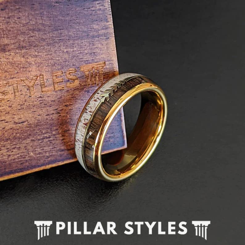 14K Gold Tungsten Men's Wedding Band with Koa Wood & Deer Antler Inlay - 8mm Rustic Boho Ring for Anniversary Gifts | Perfect for Outdoor Enthusiasts & Nature Lovers
