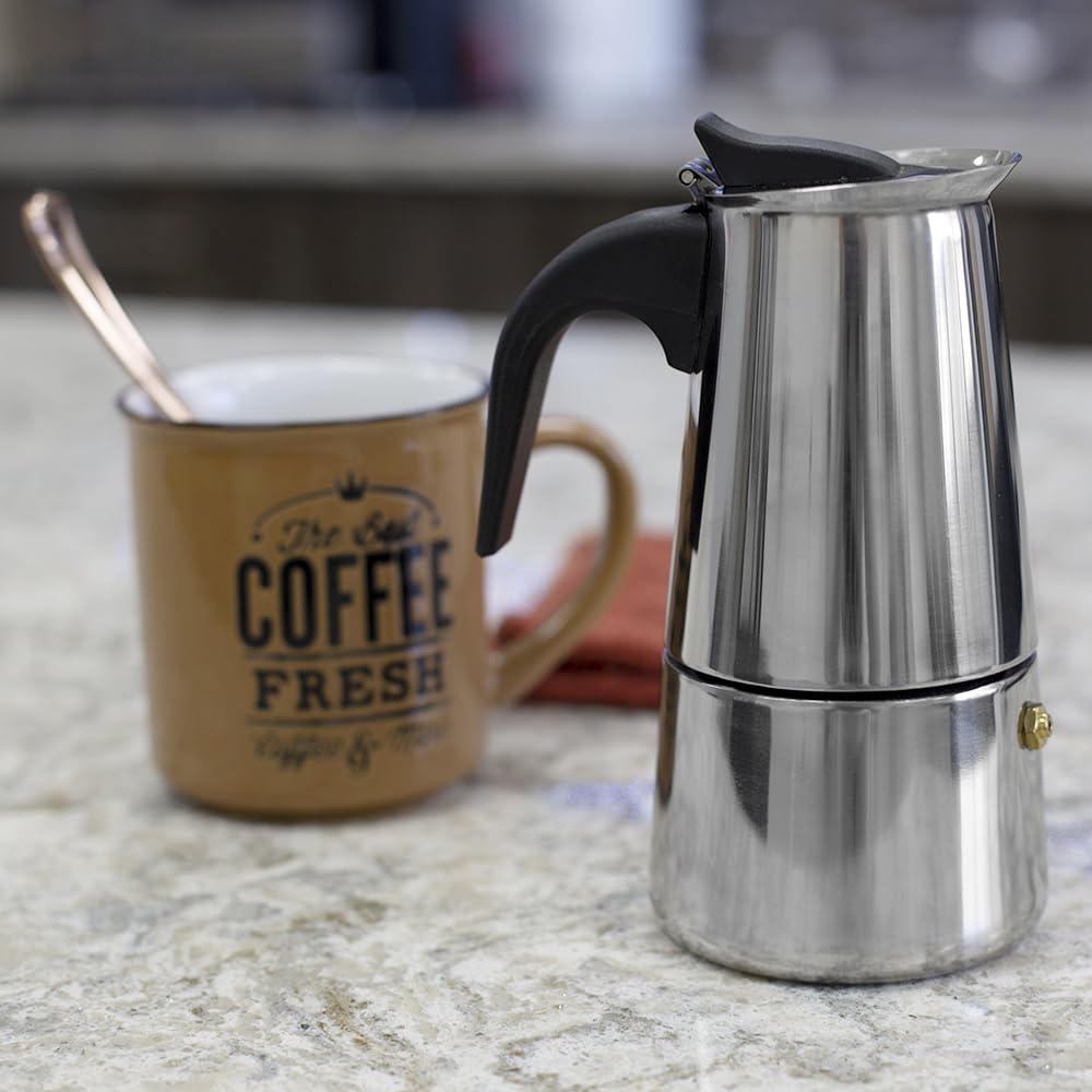 Premium Stainless Steel Stovetop Espresso Maker - 4 Cup Moka Pot for Authentic Italian Coffee | Silver Polished Coffee Maker for Gas & Electric Stoves | Perfect for Home, Office & Camping Use