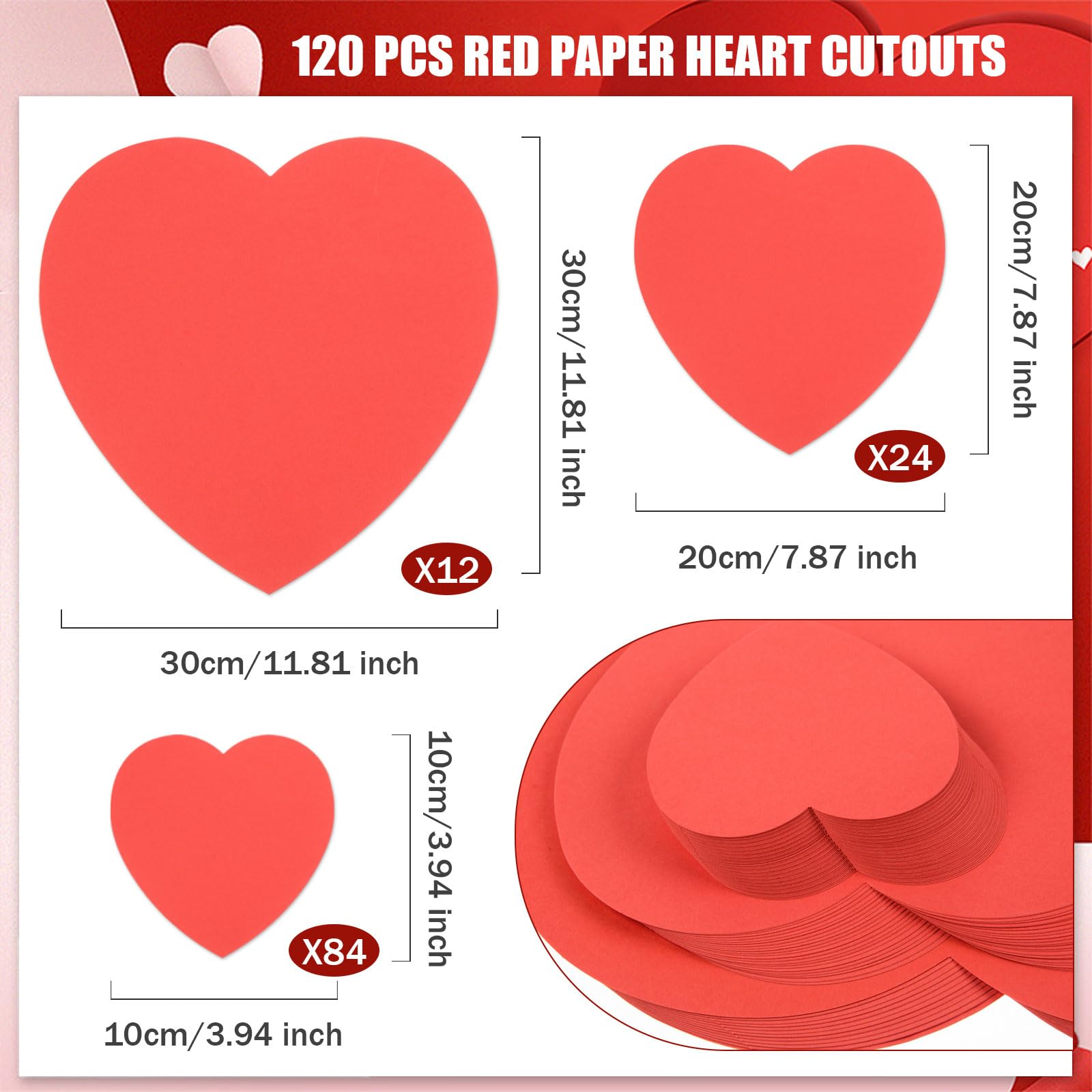 120 Pcs Valentine's Day Heart Cutouts - 11.8