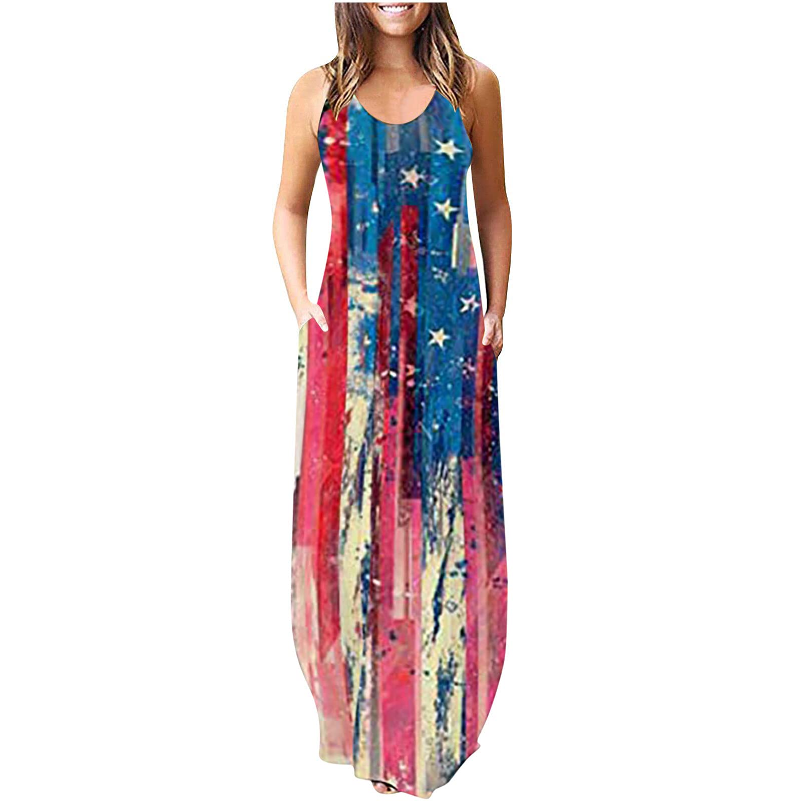 GBSELL Women's American Flag Maxi Dress - Sleeveless 4th of July Patriotic Long Dress with Pockets | Perfect for Independence Day Celebrations, Summer Parties & Outdoor Events