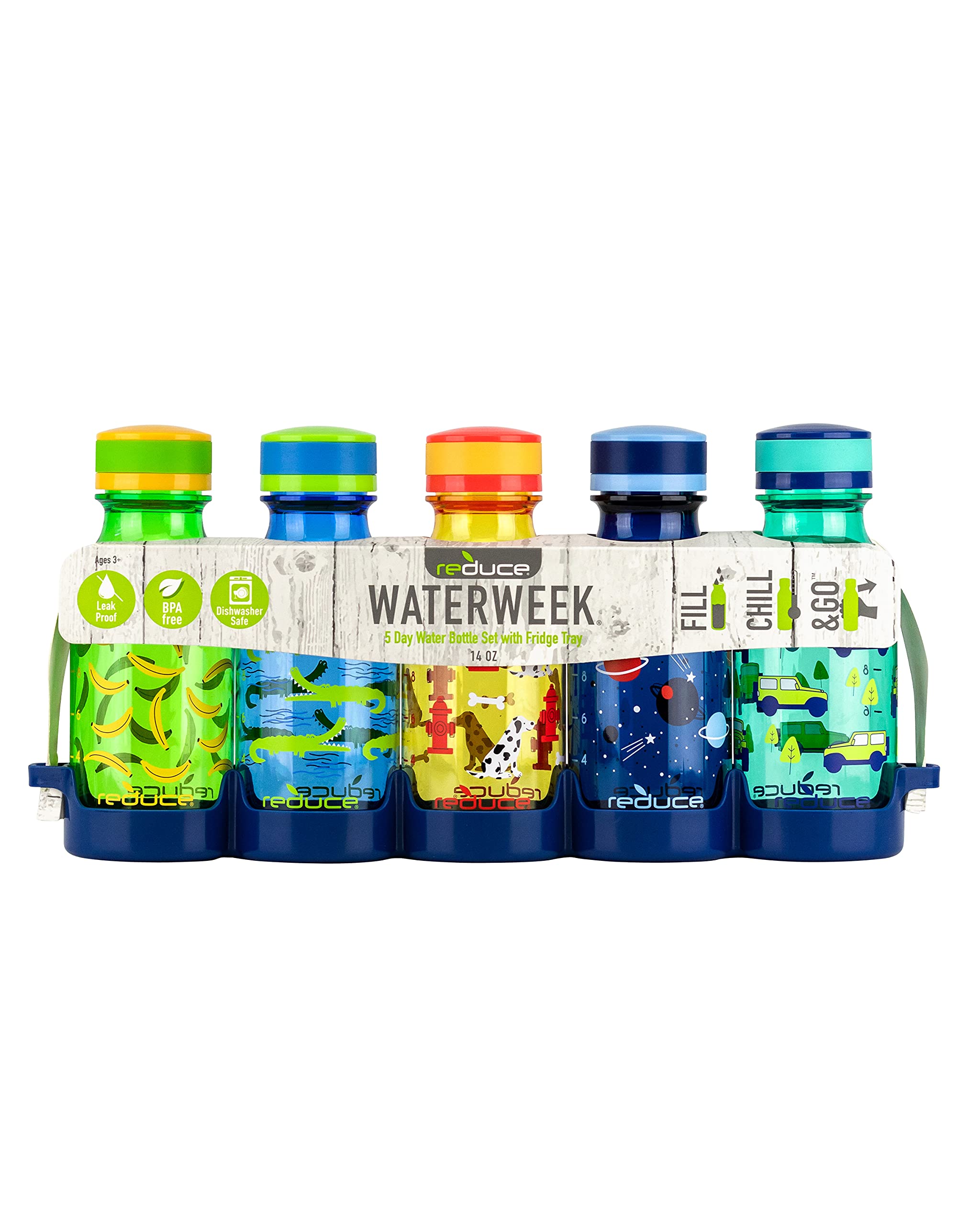 REDUCE WaterWeek 14 oz Refillable Tritan Plastic Water Bottles - 5 Pack Leak Proof BPA-Free Water Bottles with Fridge Storage Tray - Perfect for School, Gym, Office, Travel & Home Use - Reusable Sports Drink Bottles for Kids & Adults