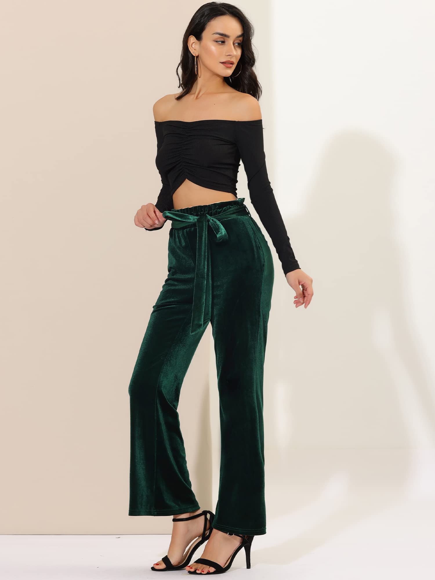 Allegra K Women's Velvet Pants - Stretchy Wide Leg Lounge Pants with Tie Waist & Pockets for Halloween, Christmas & Holiday Parties | Comfortable Casual Wear for Home, Office & Travel