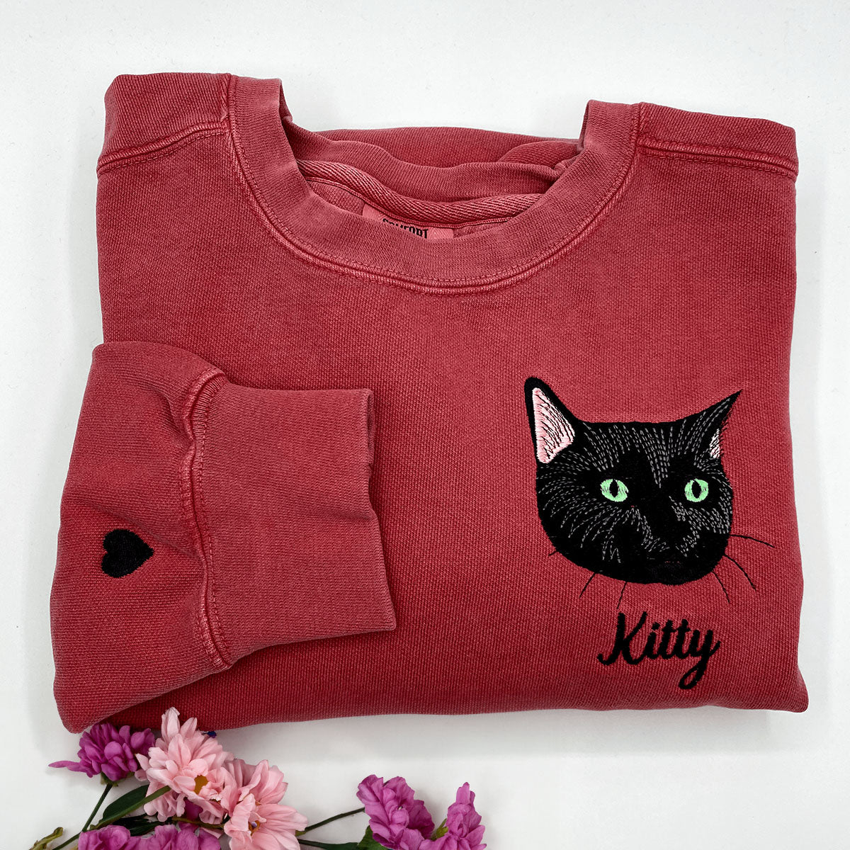 Custom Embroidered Cat Sweatshirt - Comfort Colors® Pullover with Photo Design - Cozy Graphic Hoodie for Cat Lovers - Perfect for Casual Wear & Gifts