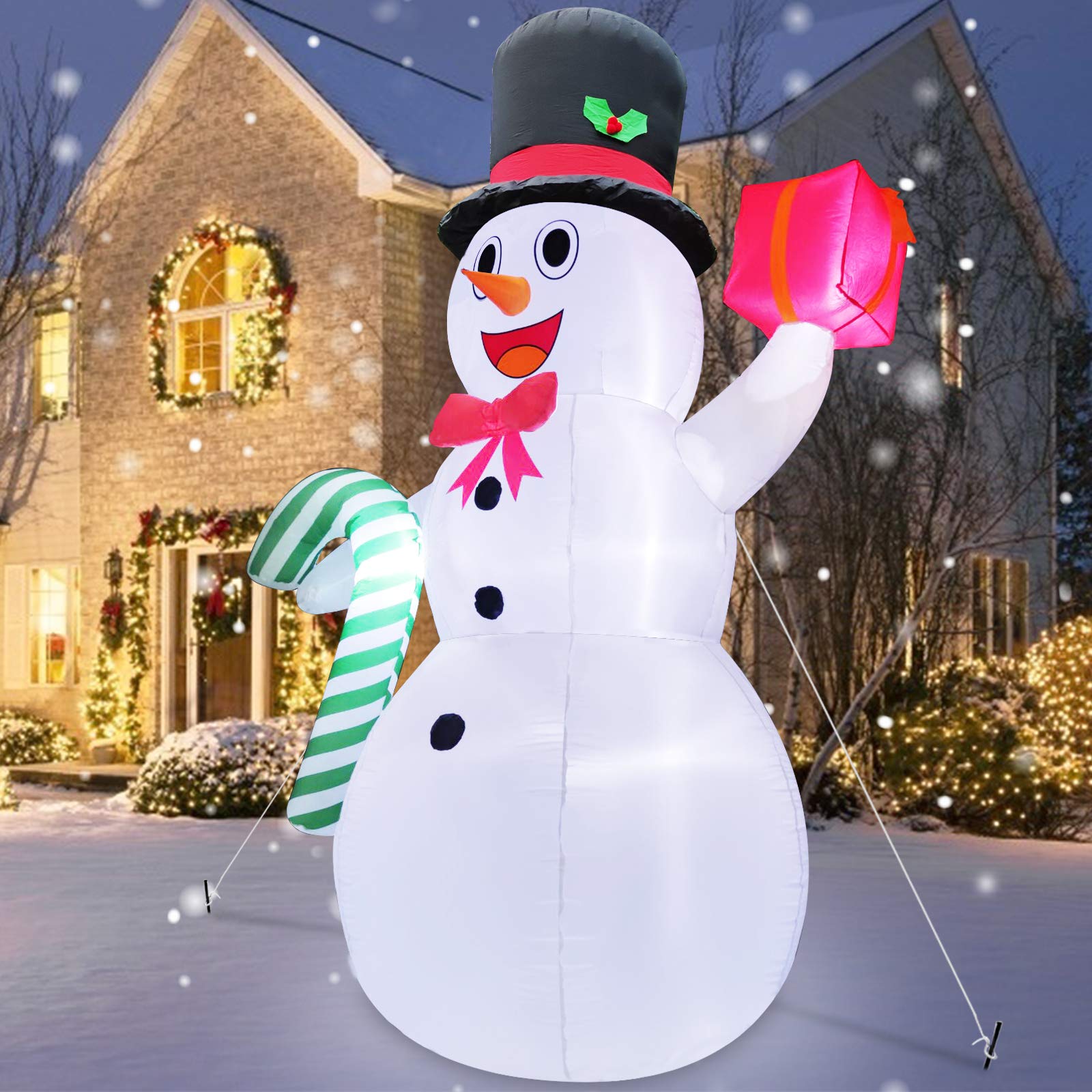 TURNMEON 10ft Giant Inflatable Snowman with Candy Cane - LED Christmas Outdoor Decorations with Stakes & Tethers - Holiday Blow Up Yard Decor for Xmas Party, Home, Garden, and Lawn Decoration