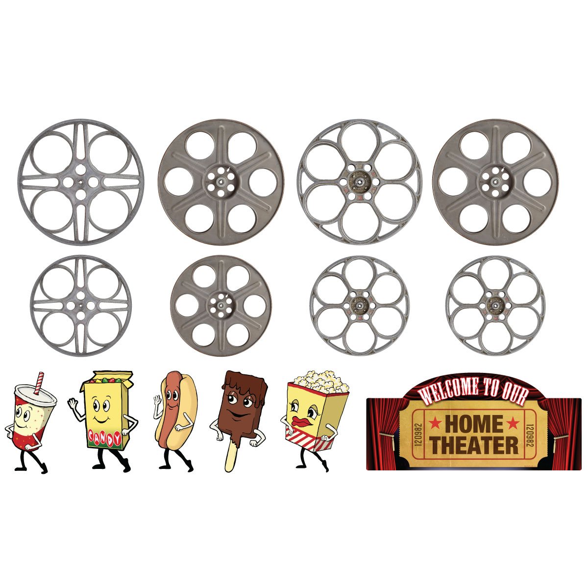 Vintage Style Film Reels Wall Decal Set - Home Theater Decor, Movie Night Snack Bar Sign, Cinema Themed Room Stickers for Living Room & Bedroom