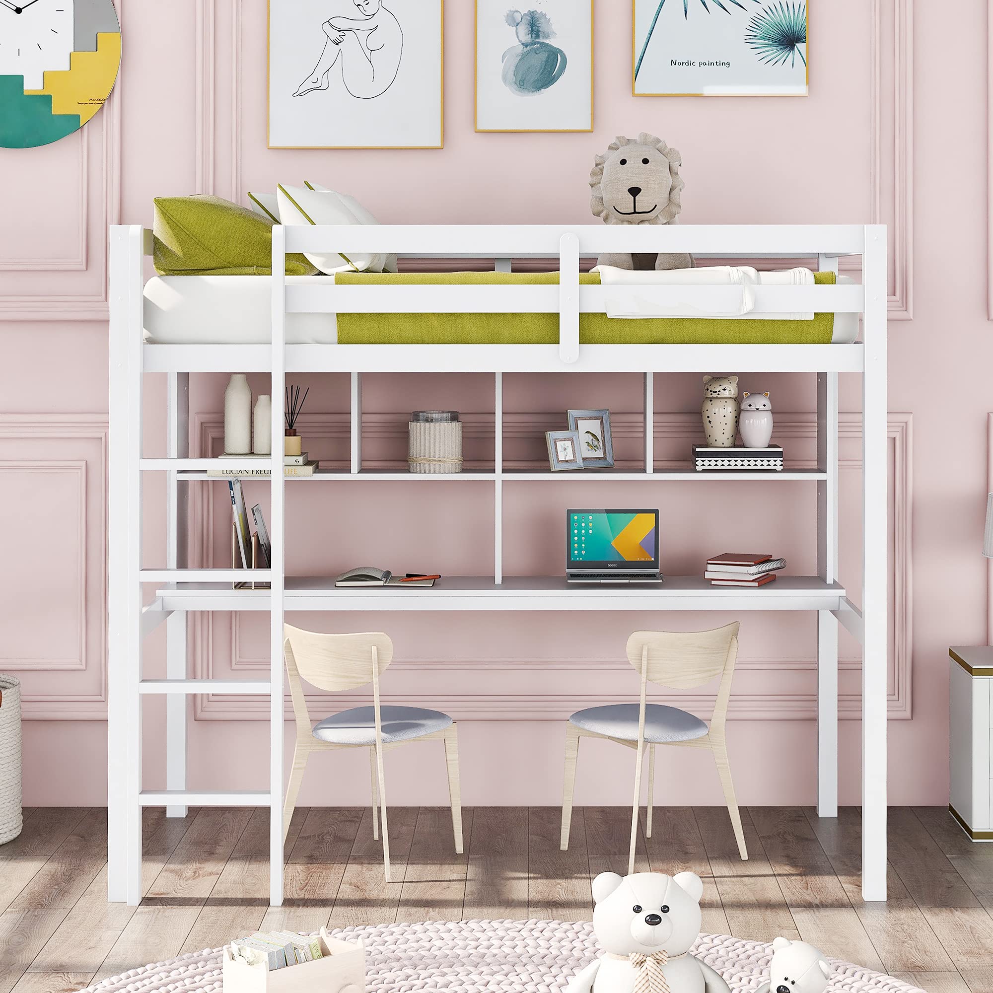 Twin Size Loft Bed with Built-in Desk & Shelves | Solid Wood Frame with Ladder & Safety Rail | No Box Spring Required | Perfect for Small Bedrooms, Dorms & Kids Rooms (White)