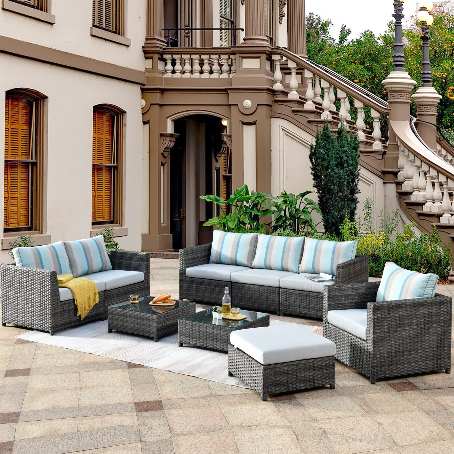 HOOOWOOO 9-Piece Outdoor Sectional Sofa Set with Sunbrella Cushions, Aluminum Frame & PE Wicker - Gray Patio Furniture for Backyard, Poolside or Garden Relaxation