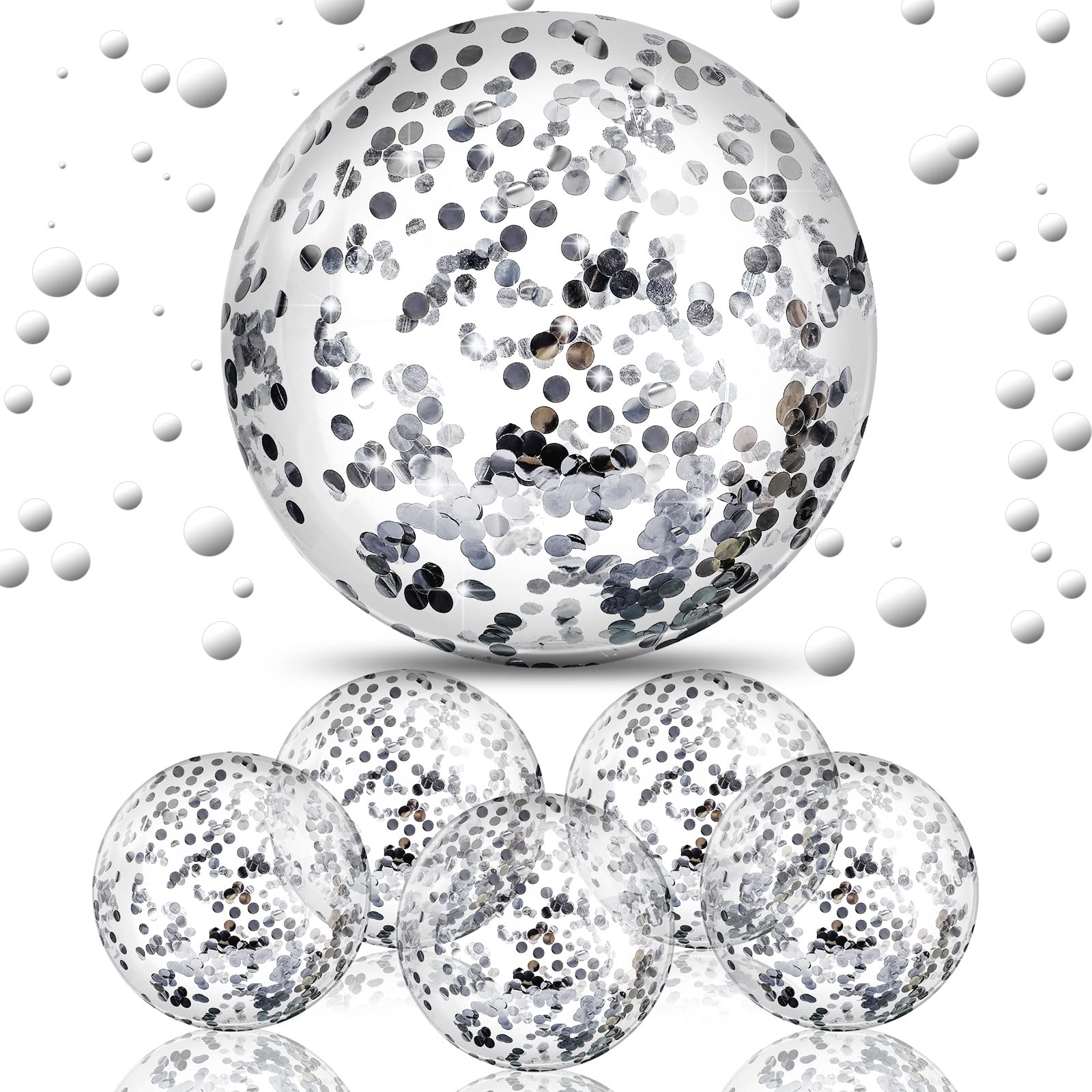 6-Pack 16-Inch Inflatable Glitter Beach Balls with Confetti - Silver Round Pool Party Decorations for Summer, Birthday, Christmas & Outdoor Events | Perfect for Beach Parties, Poolside Fun & Holiday Celebrations