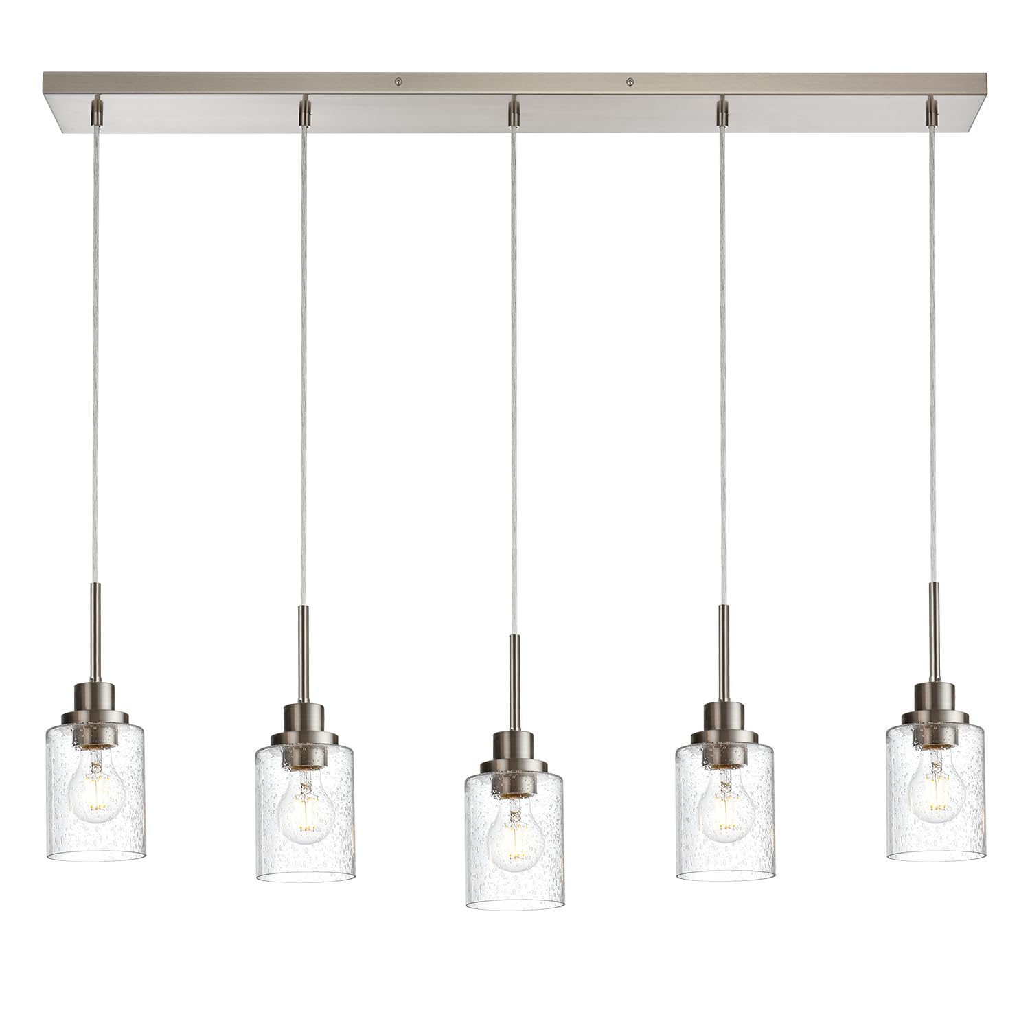 Modern Brushed Nickel Linear Chandelier - 5-Light Farmhouse Pendant Lighting with Clear Seeded Glass for Dining Room, Kitchen Island & Living Room | Contemporary Ceiling Light Fixture for Home Decor
