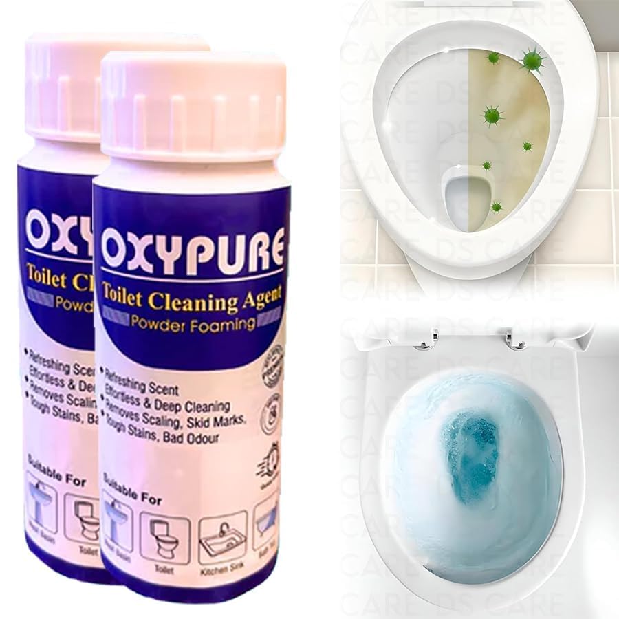 Oxypure Toilet Cleaning Powder - Foaming Stain & Odor Remover, Vegetable Scent, 2-Pack - Perfect for Bathroom, Kitchen & Household Deep Cleaning