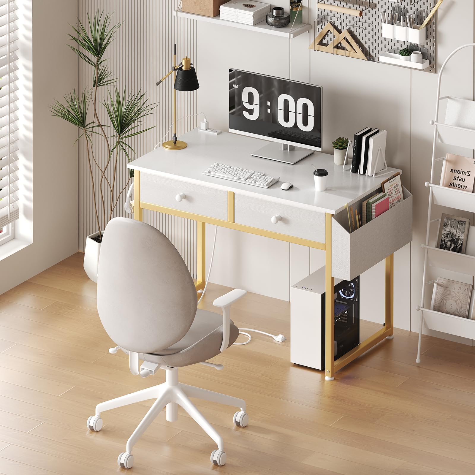 Modern White Kids Makeup Vanity Desk Set with Chair & Fabric Drawers - No Mirror, Power Outlet Included - Perfect Dressing Table for Girls' Bedroom & Playroom