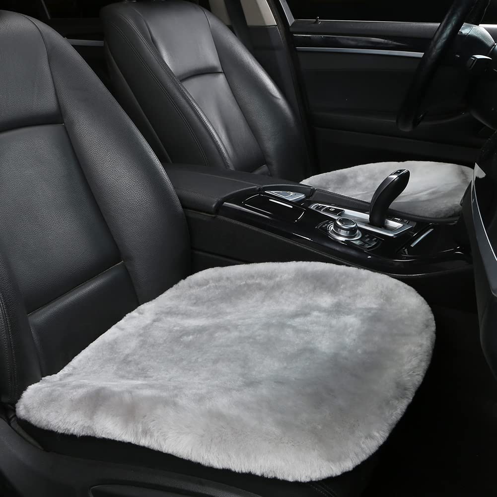 Genuine Sheepskin Car Seat Cushion Cover - 2 Pcs Set for Cars, Trucks & SUVs - Premium Comfort & Protection for Driver & Passenger Seats - Soft Grey Car Accessories for Office Chairs & Long Drives
